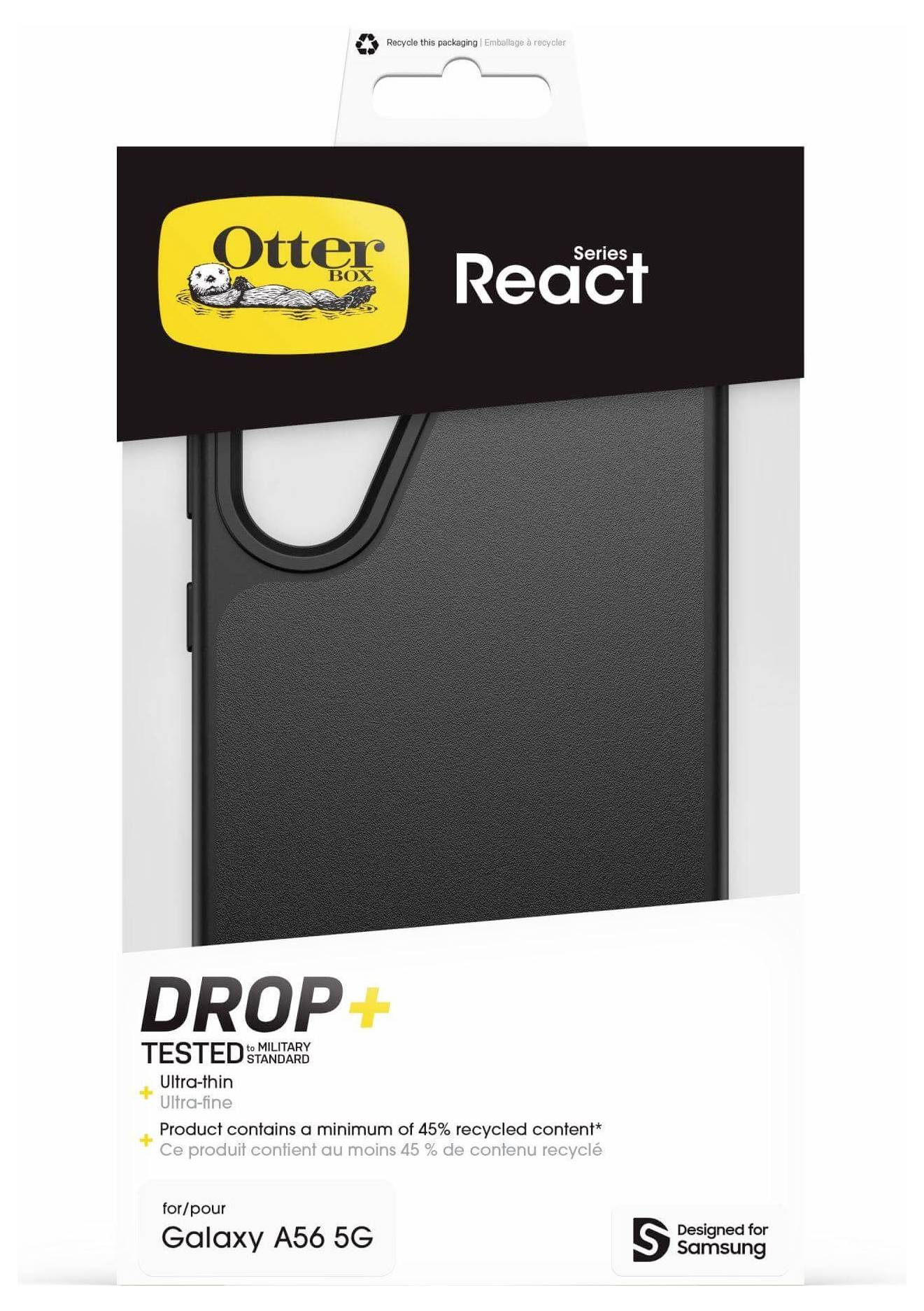 'Galaxy A56 5G' Otterbox React Series Schutzhülle Verpackung. Zeigt eine schwarze, extrem dünne Handyhülle mit Fallschutz. Enthält recycelte Materialien.