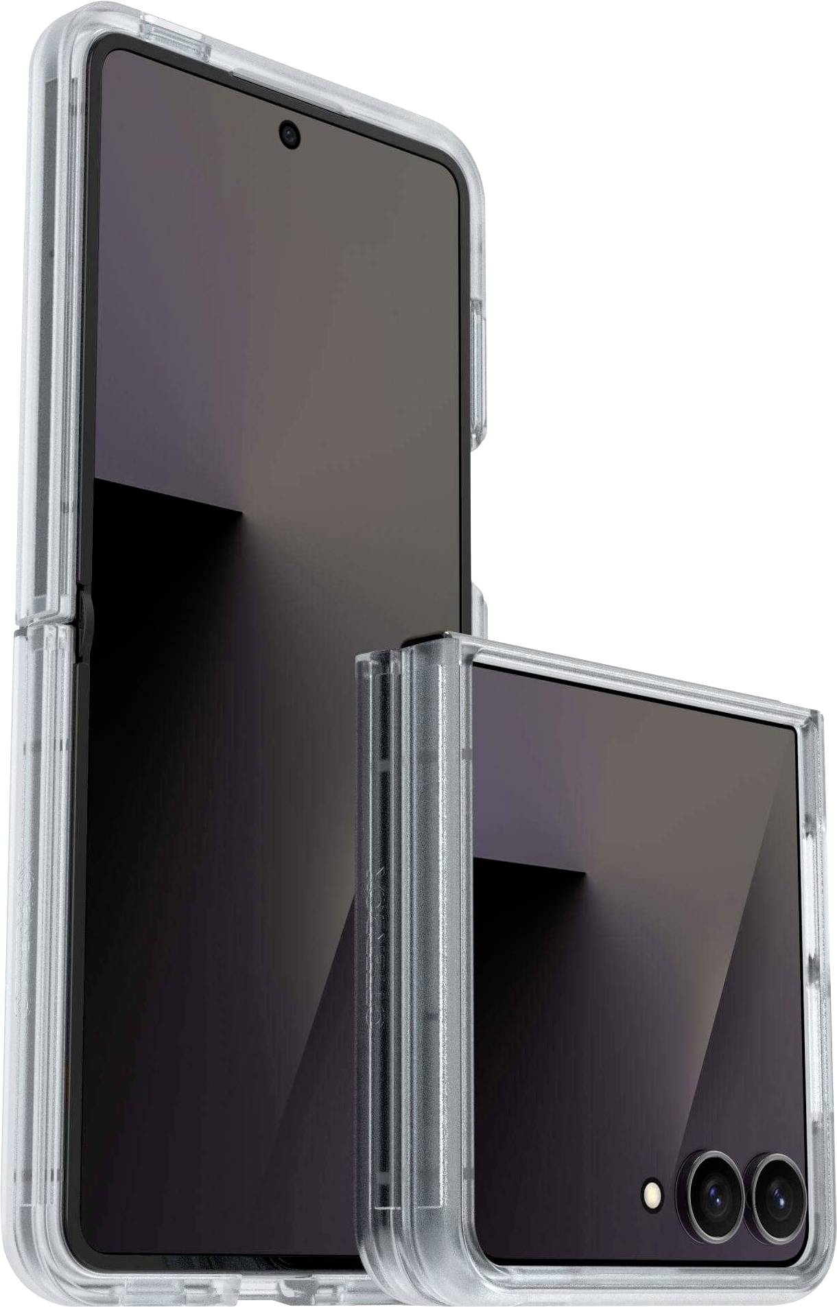 Zwei Smartphones mit transparenten Gehäusen, eines zusammengeklappt und eines ausgeklappt, die ein schlankes Design und Dual-Rückkameras zeigen.