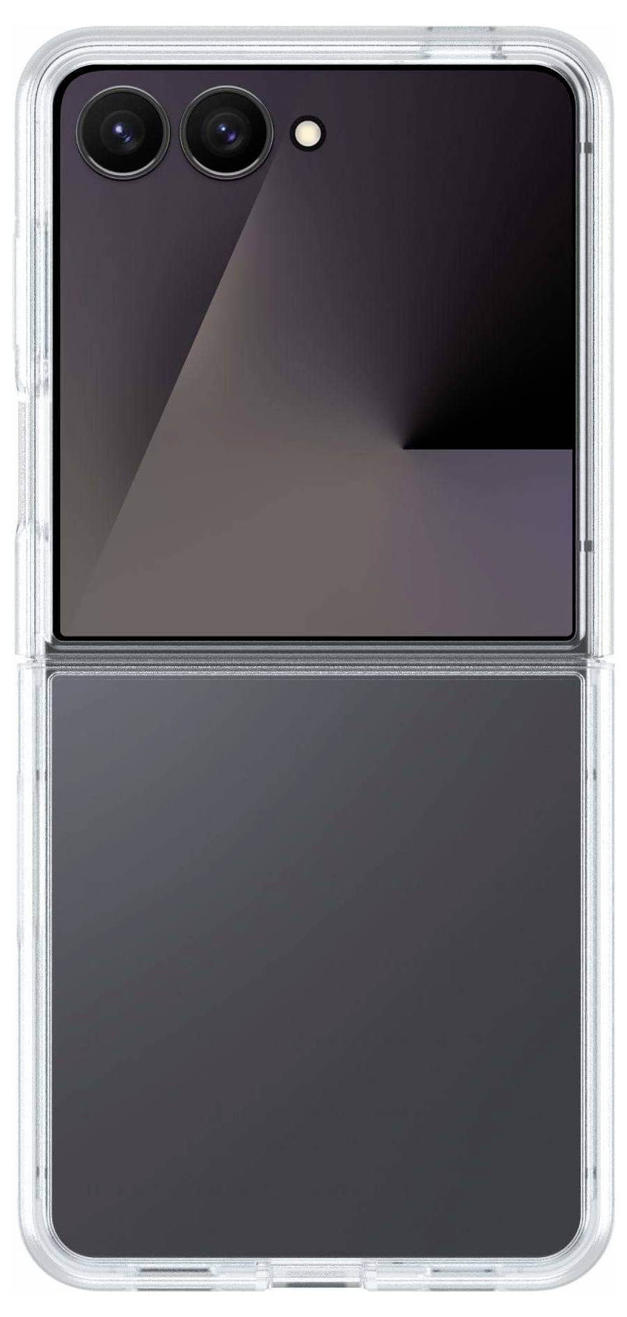 Faltbares Smartphone geschlossen, von hinten mit durchsichtiger Hülle zu sehen. Zwei Rückkameras und ein schlanker schwarzer Finish sind sichtbar.