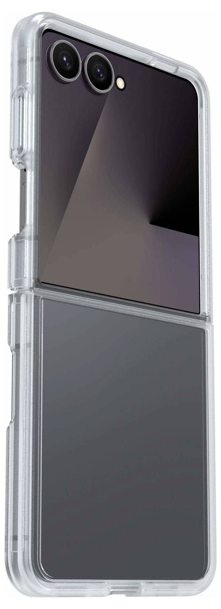 Faltbares Smartphone mit zwei Rückkameras und transparenter Hülle, in halbgeöffneter Position gezeigt, wodurch sein elegantes Design hervorgehoben wird.