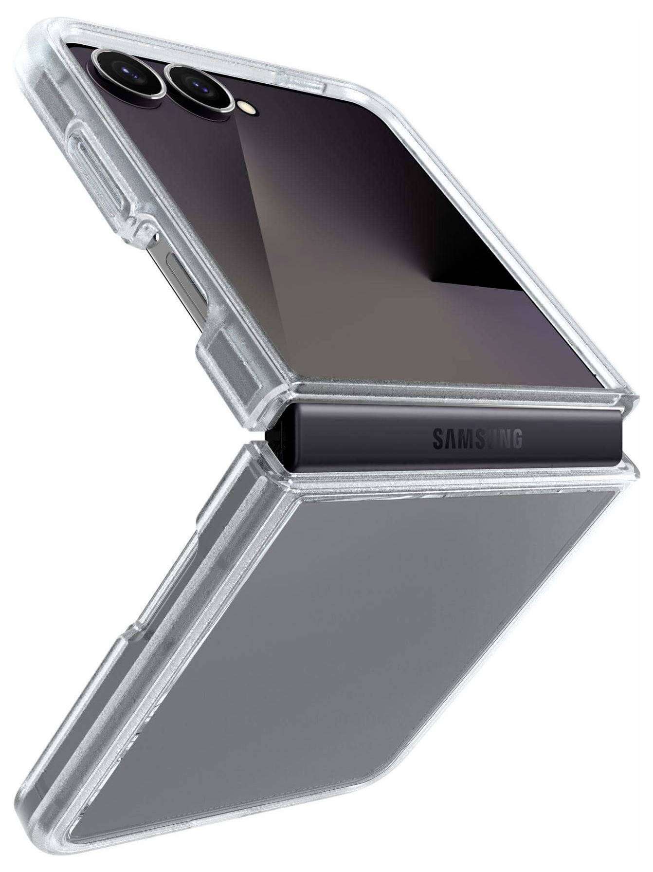 Ein Smartphone mit einem faltbaren Display ist teilweise aufgeklappt. Es sind zwei Kameraobjektive sichtbar, und es ist in einem durchsichtigen Schutzgehäuse eingeschlossen.