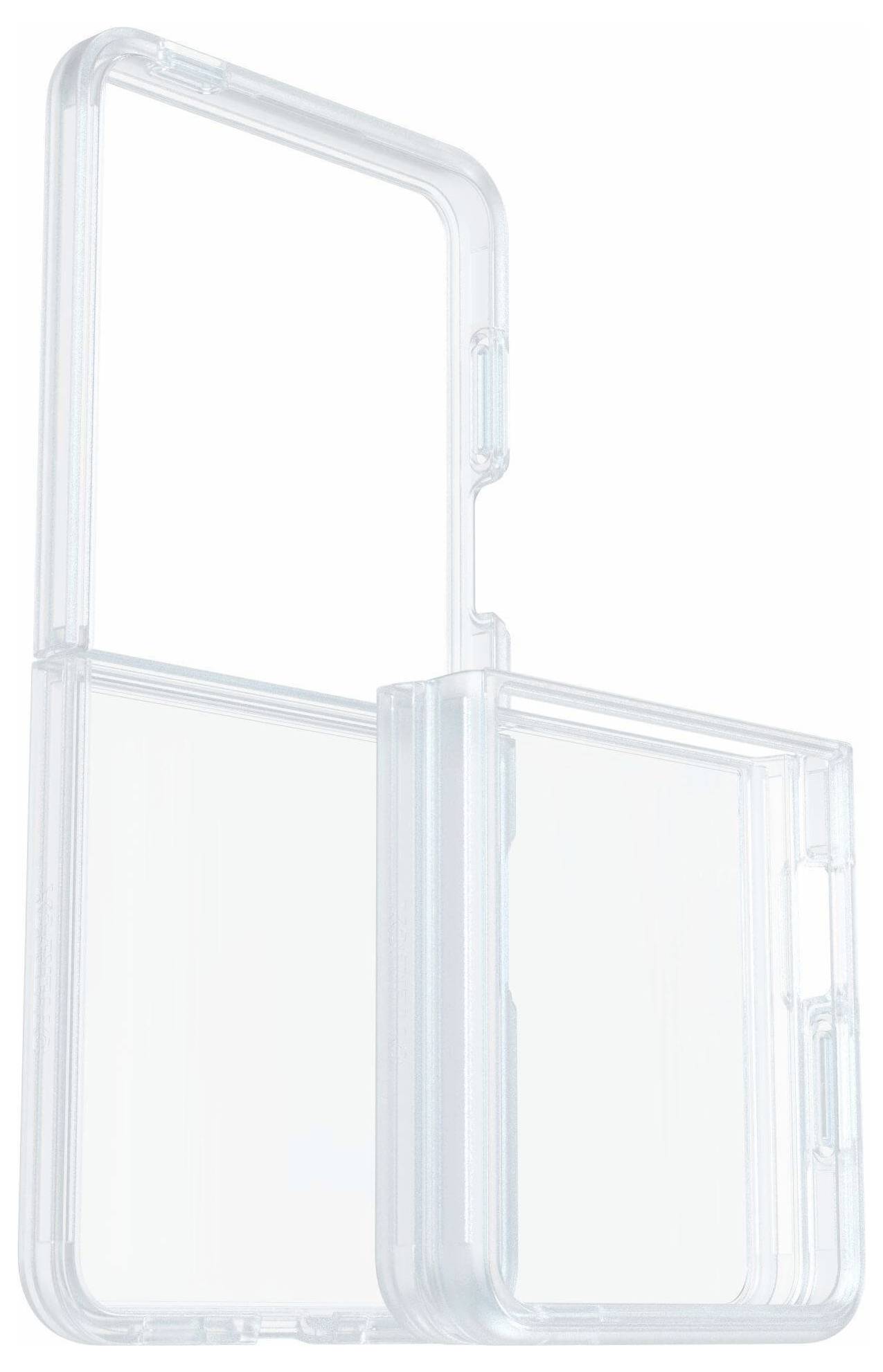 Eine durchsichtige Handyhülle, die für ein faltbares Smartphone entwickelt wurde, dargestellt in geöffnetem Zustand und mit Fokus auf sein transparentes Material und Scharnierbereich-Schutz.