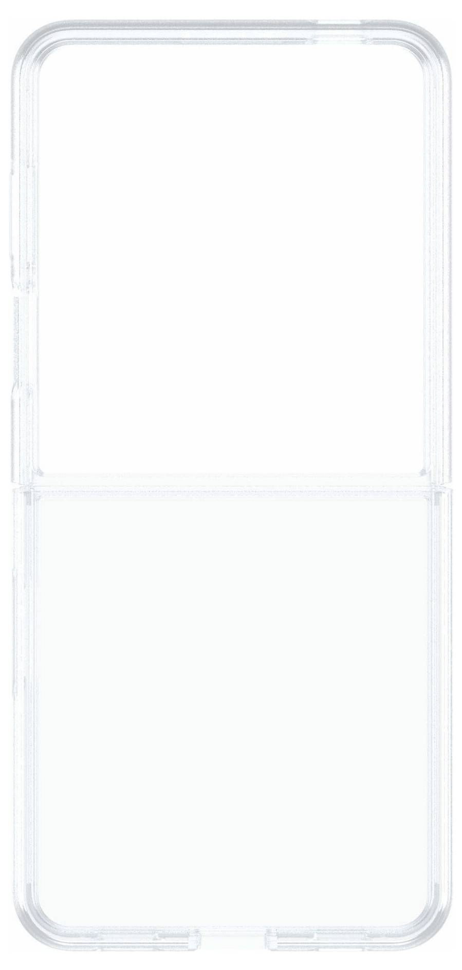 Transparente Handyhülle für ein Falt-Smartphone, aufgeklappt gezeigt mit einer Scharnierstelle in der Mitte und präzisen Aussparungen für Tasten und Anschlüsse.