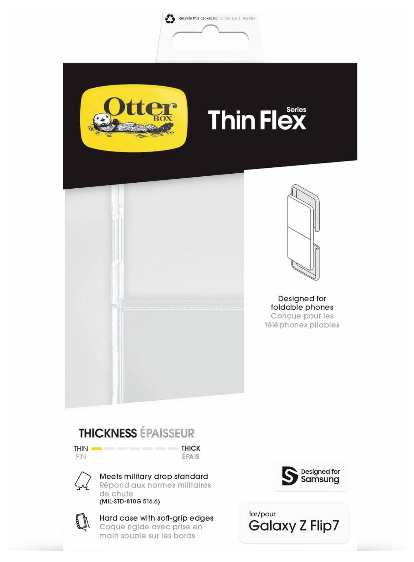 'Thin Flex' OtterBox Verpackung für Galaxy Z Flip7, mit einem Bild des Gehäuses, das auf ein faltbares Telefon passt. Merkmale: robustes, rutschfestes Design.