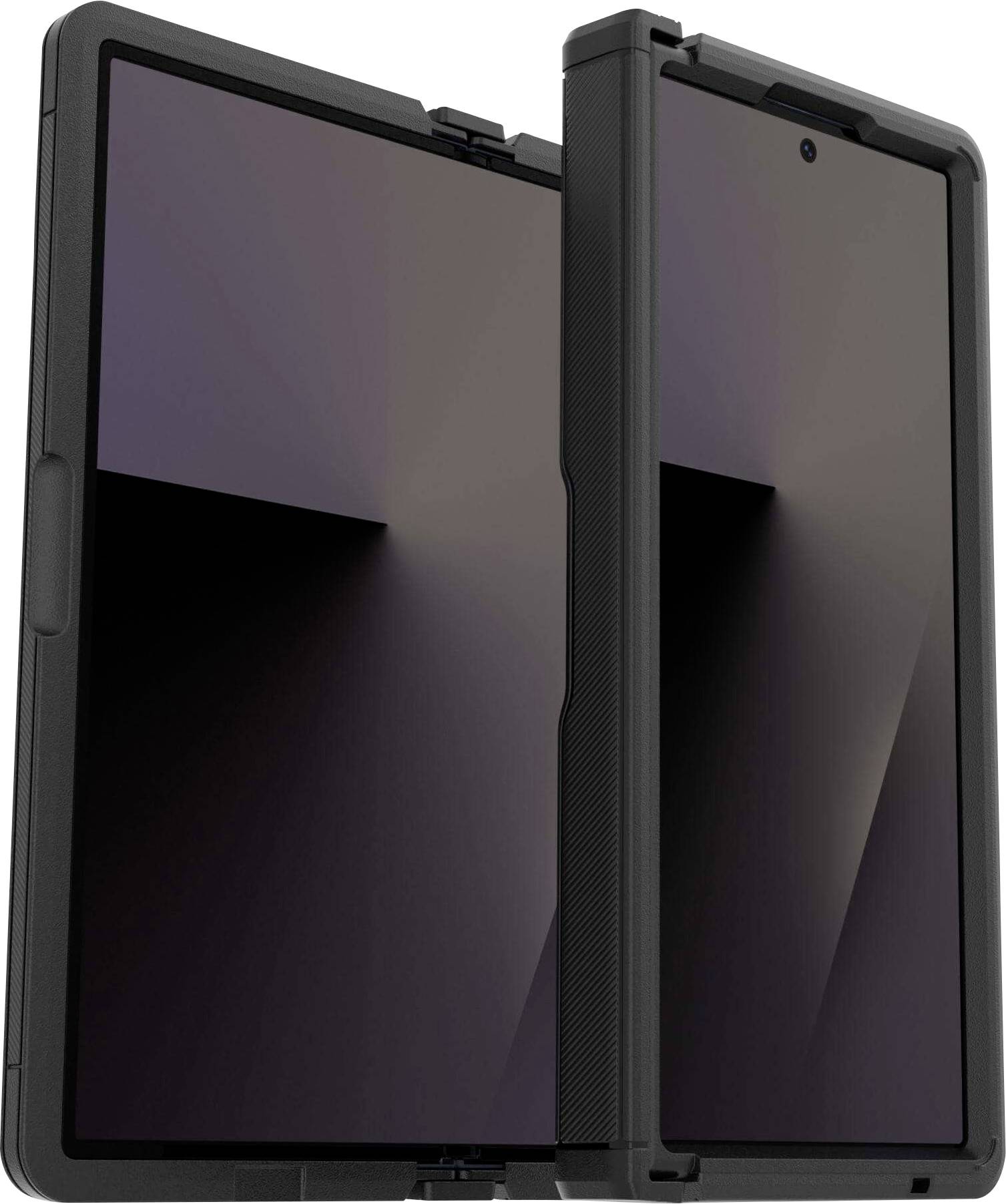 Ein Tablet mit zwei Bildschirmen in einem schwarzen Gehäuse, teilweise geöffnet, sodass die beiden Displays sichtbar sind. Das Gerät wirkt modern und elegant.