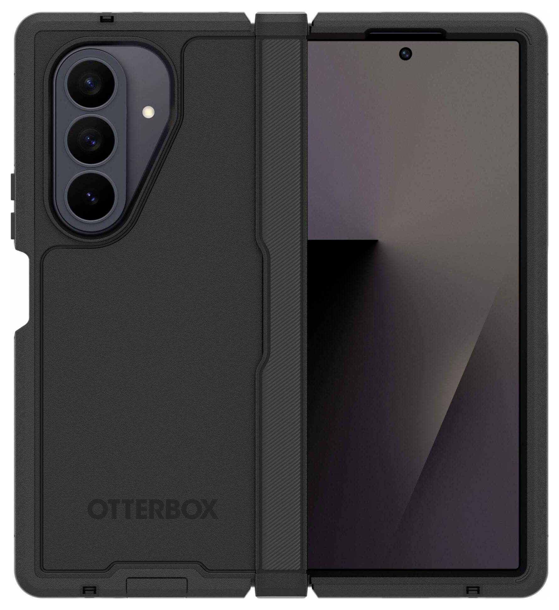 Ein schwarzes Telefon, das seine dreifache Kameralinse auf der Rückseite präsentiert, geschützt von einem robusten OtterBox-Gehäuse, öffnet sich teilweise und gibt den Bildschirm frei.