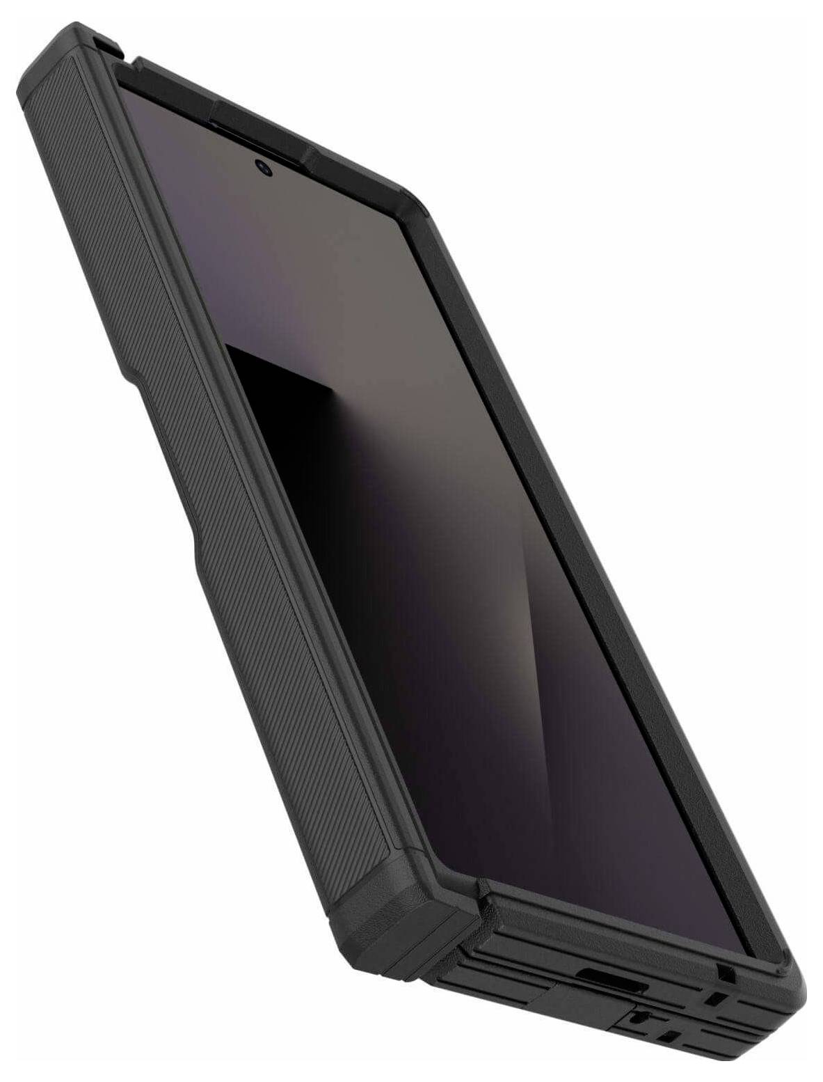 Ein Smartphone mit einem robusten schwarzen Gehäuse, von der Seite gezeigt, wobei das widerstandsfähige Design betont wird. Der Bildschirm ist ausgeschaltet.