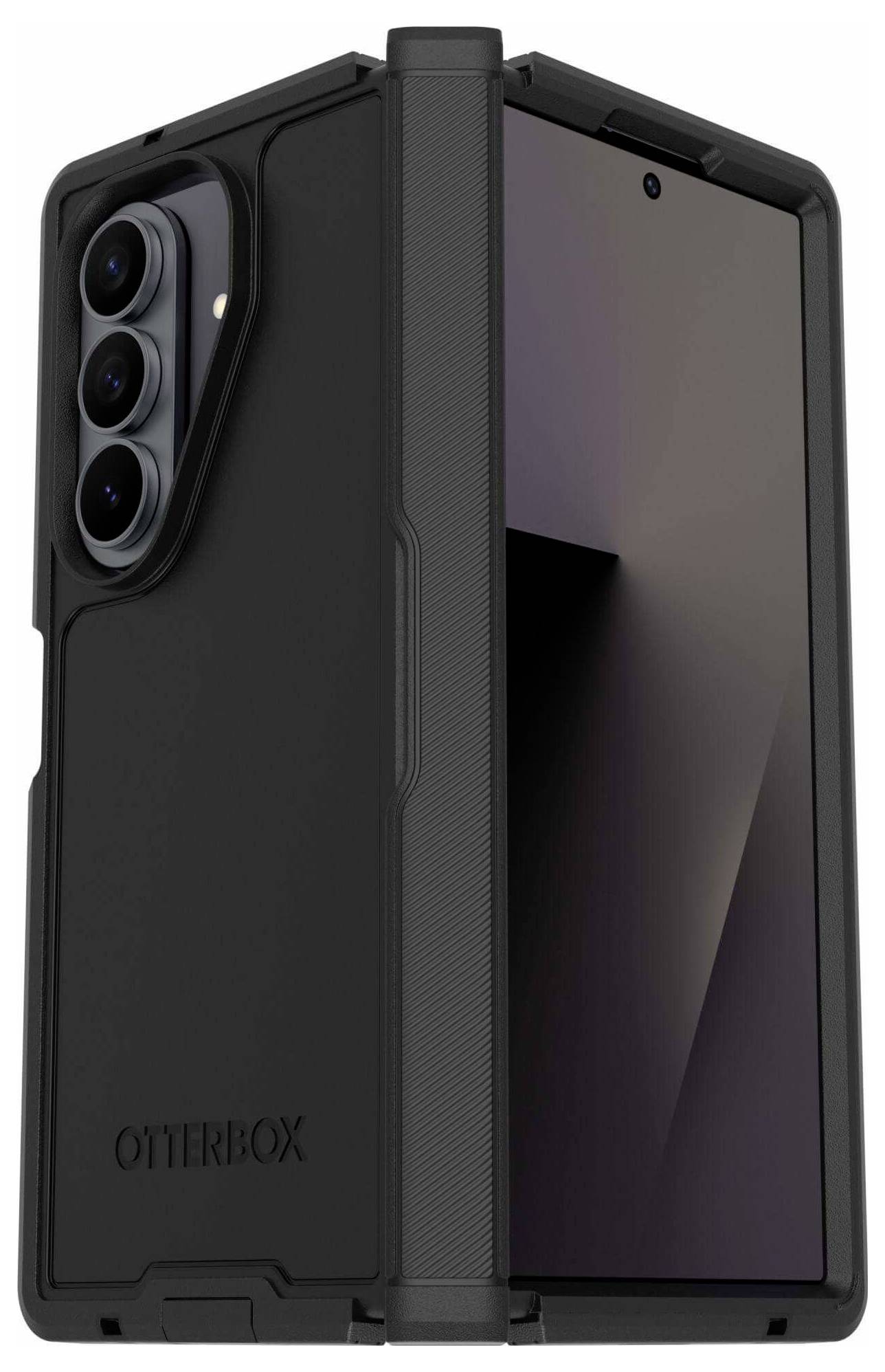 Eine schwarze Handyhülle auf einem Smartphone mit einem robusten, schützenden Design und einer Abdeckung, die sich über den Bildschirm klappt.