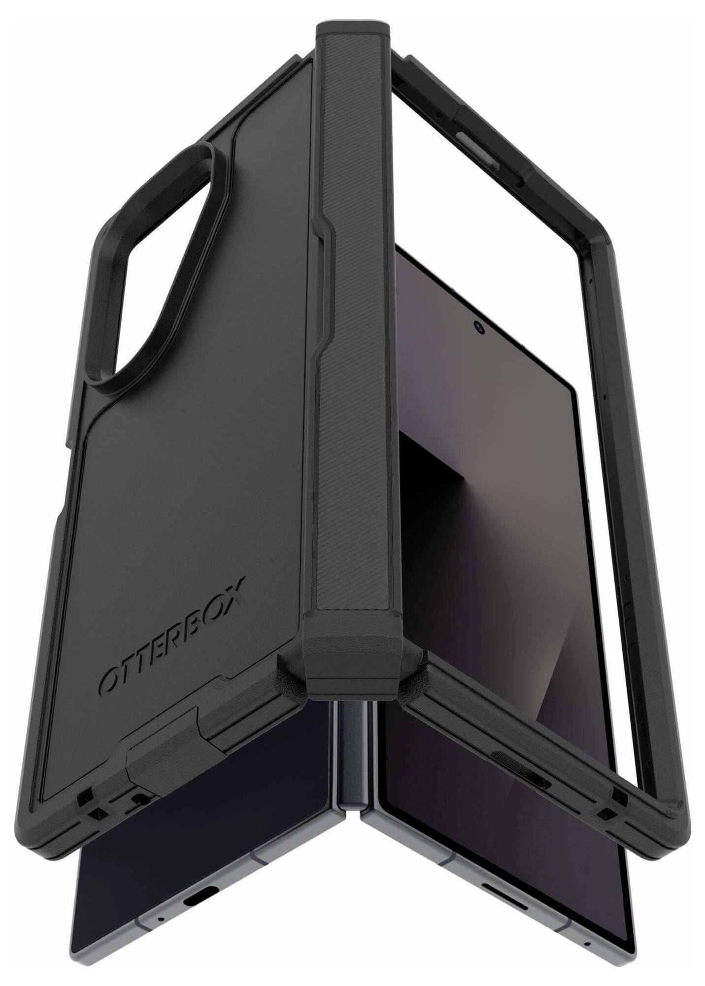 Ein robustes schwarzes Handygehäuse wird in zwei Halbansichten präsentiert, die seine Schutzstruktur und die 'OtterBox'-Markierung zeigen.