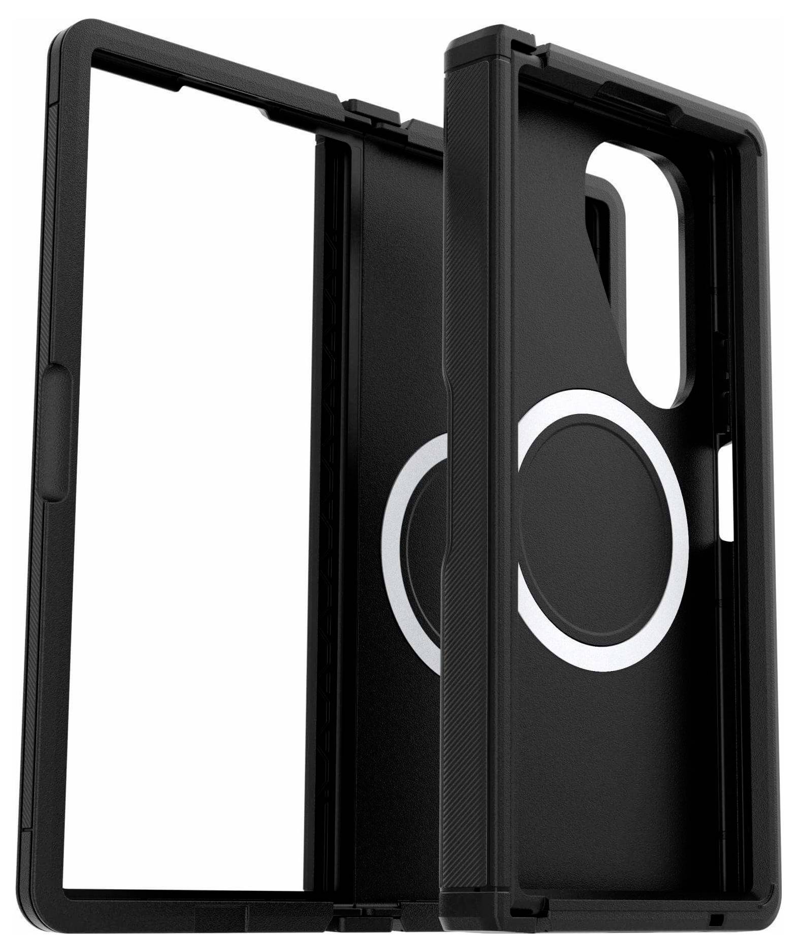 Eine schwarze Smartphone-Hülle mit sichtbarem Kreismuster auf der Rückseite, entwickelt für magnetische Befestigung und mit einer Doppelschicht-Konstruktion.