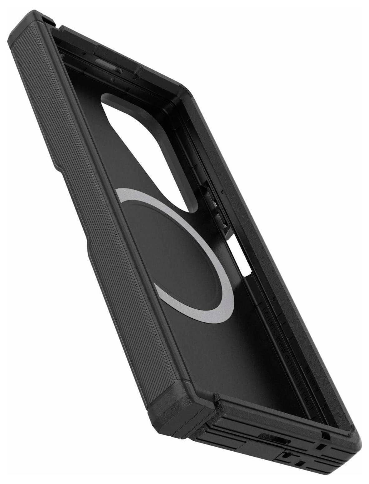 Eine schwarze Handyhülle mit robustem Design, die einen Ausschnitt für die Kamera und einen erhöhten Rahmen zum Schutz des Bildschirms aufweist.