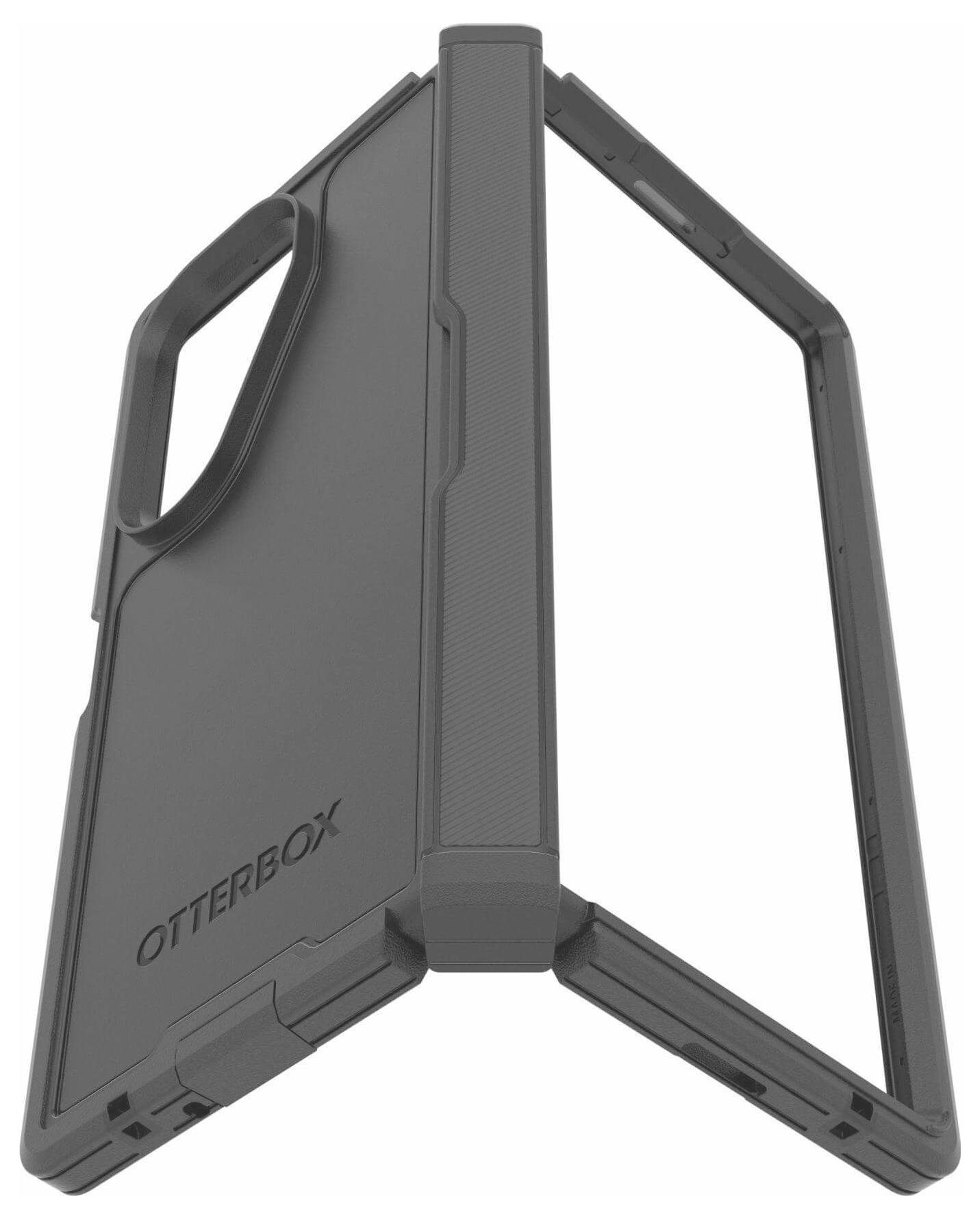 Ein schwarzes Otterbox-Smartphone-Gehäuse wird aufgeklappt präsentiert, um seine robuste Ständerfunktion und sein schützendes Design zu veranschaulichen.