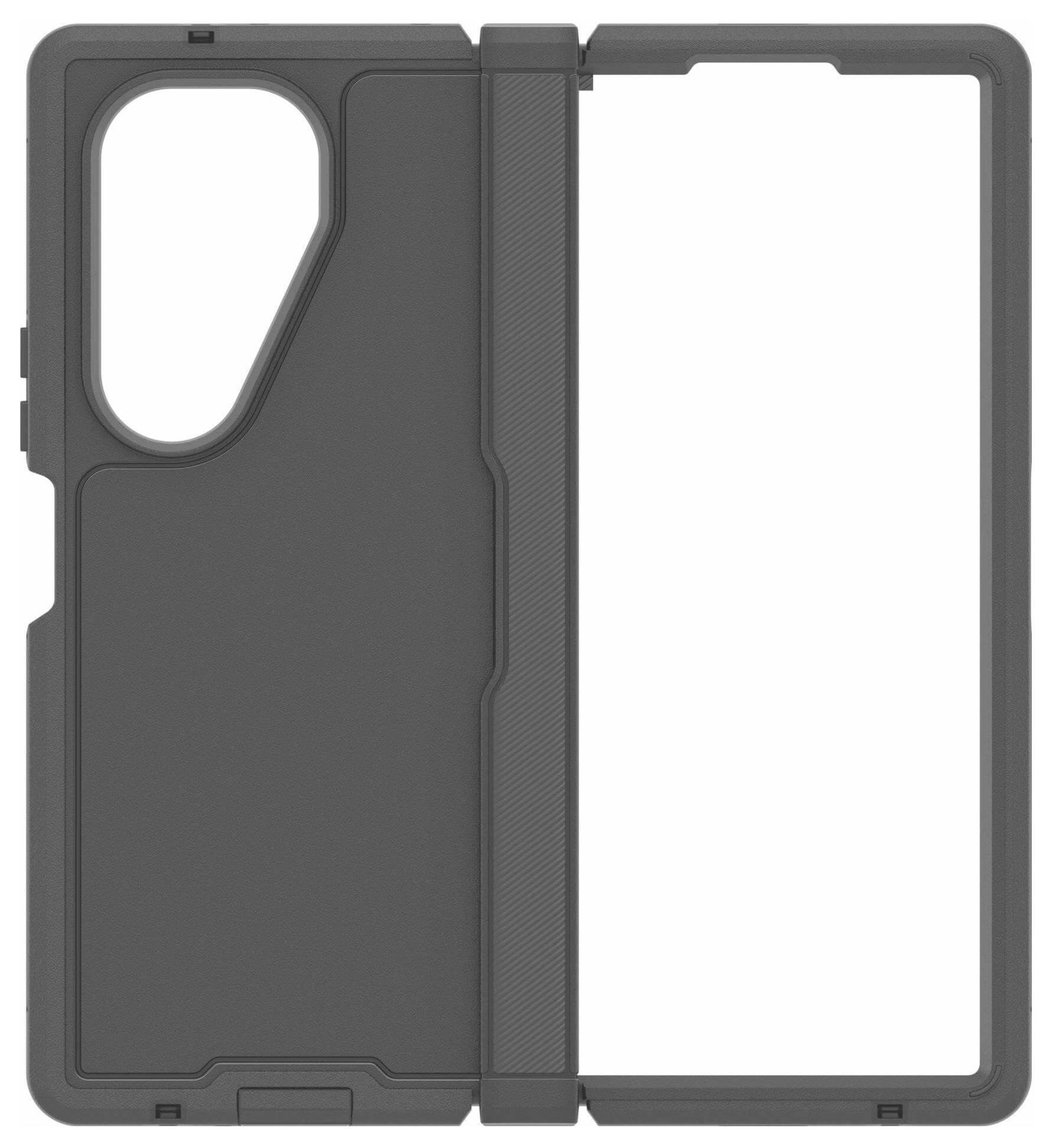 Eine schwarze, faltbare Schutzhülle für Tablets mit einer Design im Stil eines offenen Buches. Die linke Seite verfügt über eine Aussparung für Kameraobjektive.