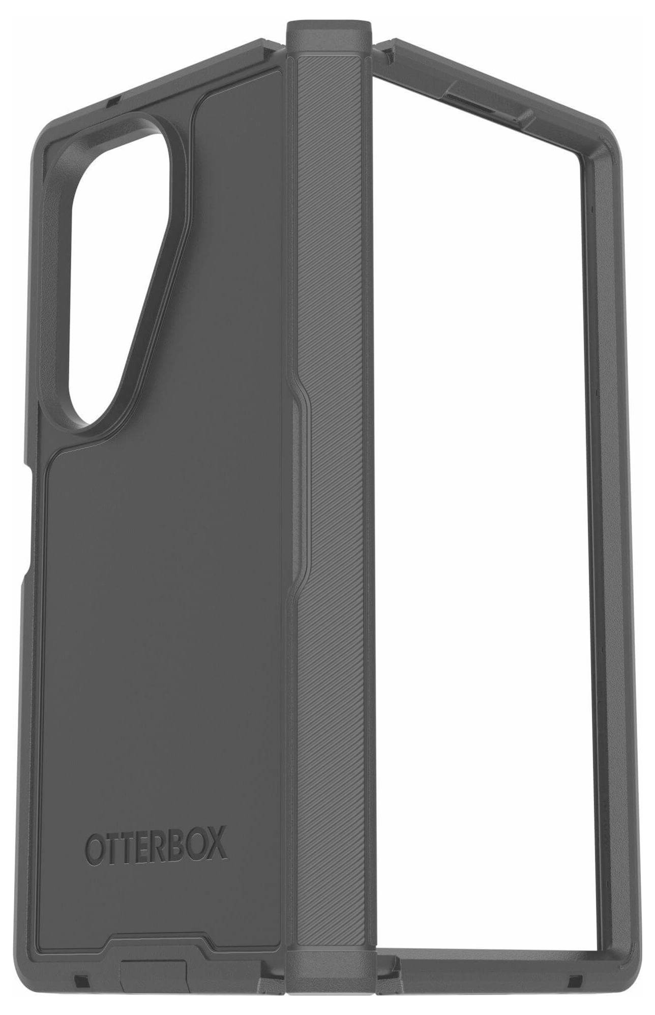 Ein schwarzes OtterBox Gehäuse für ein Smartphone, das die Rückseite und eine Seite zeigt, mit Kameraausschnitt und robustem Schutz.