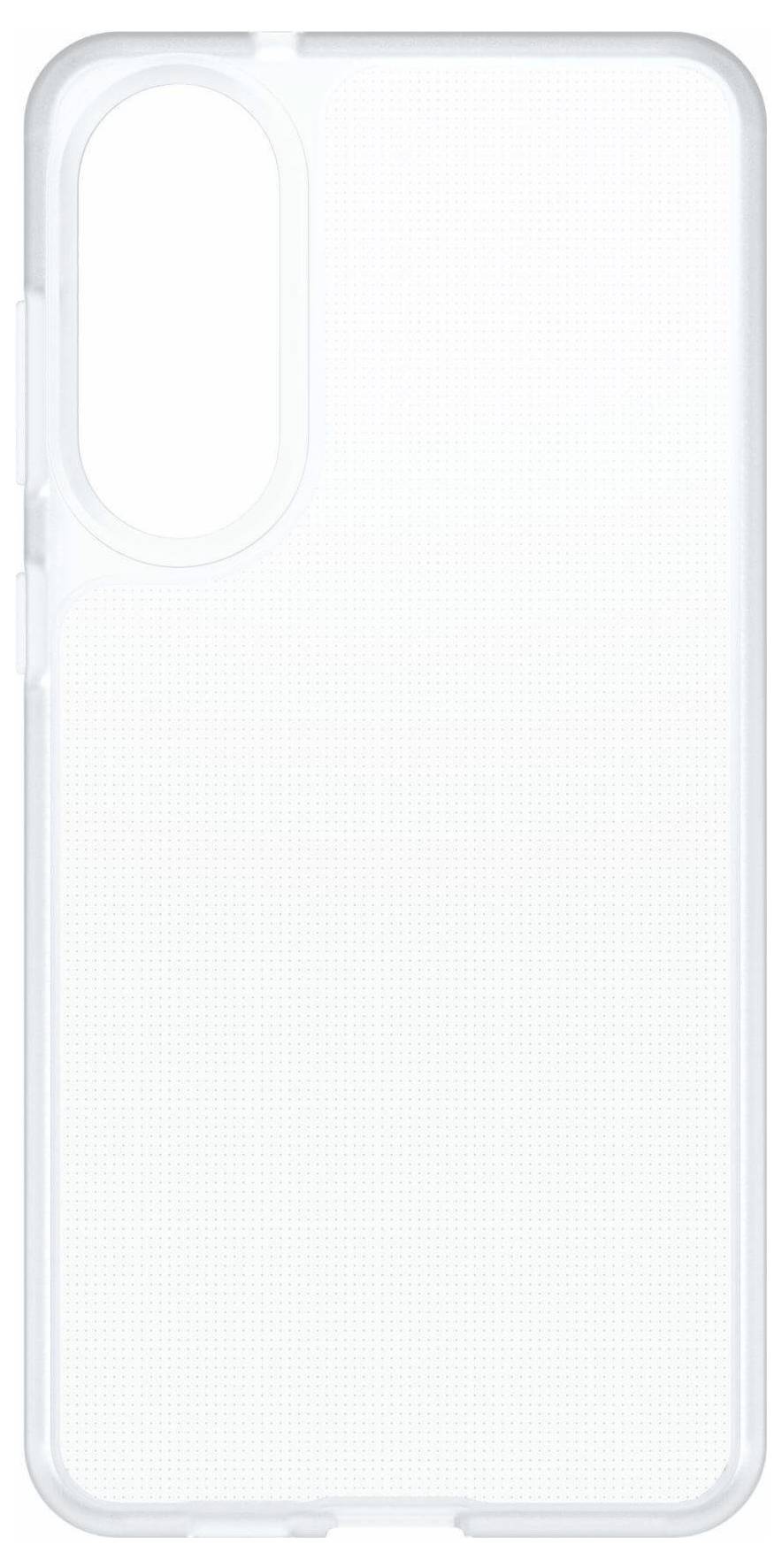 Eine transparente Handyhülle mit schlankem Design, ausgestattet mit Aussparungen für Kamera und Tasten, entwickelt zum Schutz und gleichzeitigen Präsentieren des Geräts.