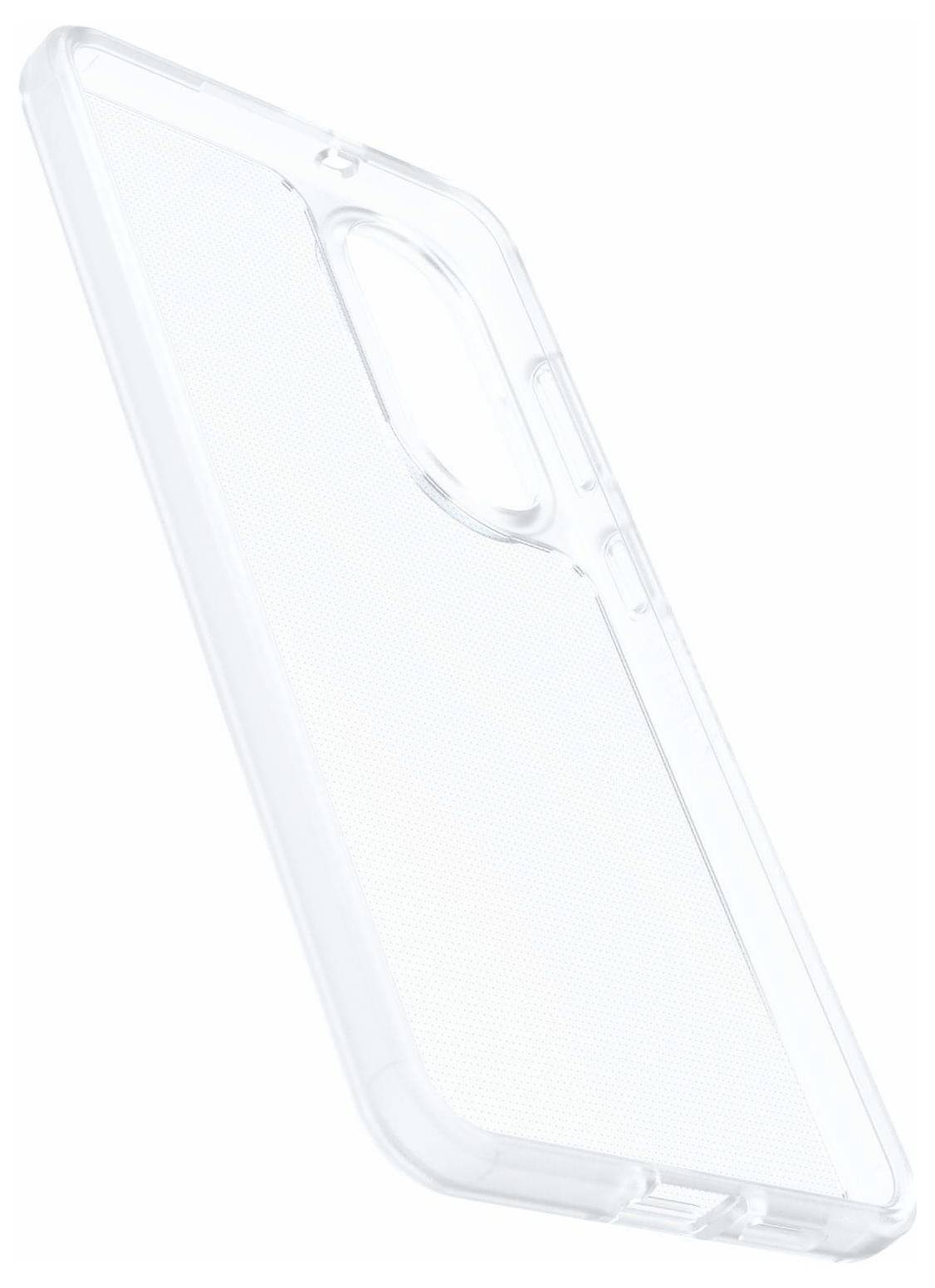 Transparente Smartphone-Hülle mit Kameraausschnitt, von einem Winkel aus gezeigt.