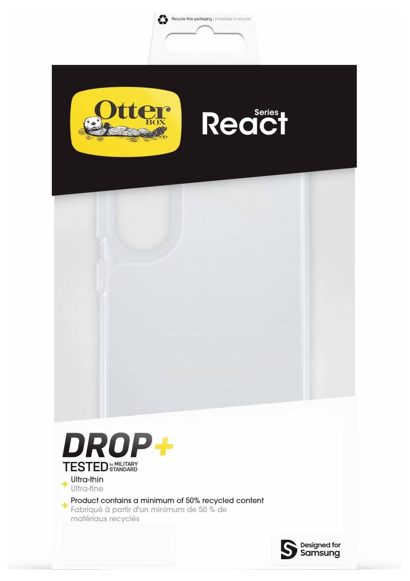 Transparente Handyhülle für Samsung, OtterBox React Serie. Sturz getestet; extrem dünn; hergestellt mit mindestens 50% recyceltem Material.