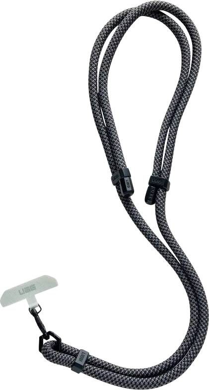 Eine graue und schwarze Schlüsselband mit einem angehängten USB-Stick.