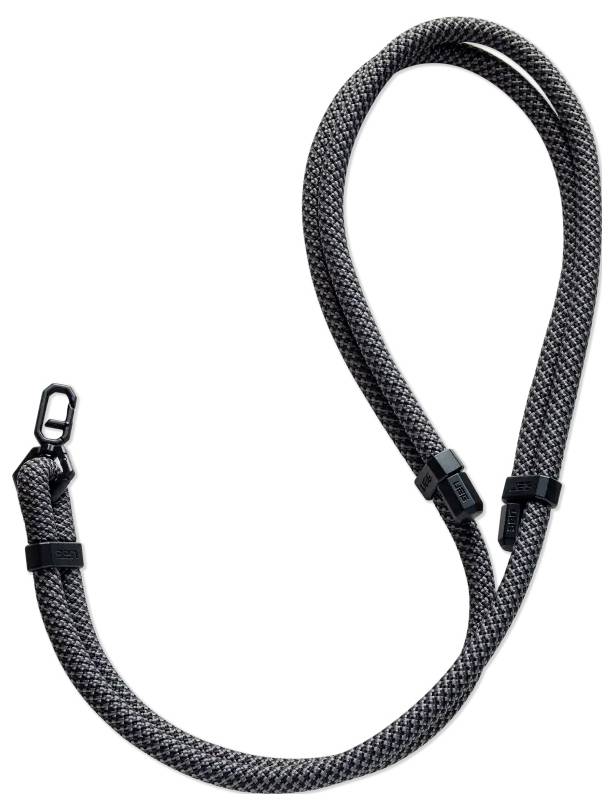 Ein schwarzer und grauer gewebter Kameraträgeriemen mit verstellbaren Clips und einer Drehverschluss-Befestigung.