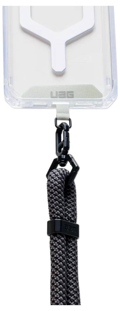 Eine Handyhülle mit einem schwarzen abnehmbaren Trageband, das an einem Haken befestigt ist, um sie bequem zu tragen. Das Trageband hat ein strukturiertes Design.