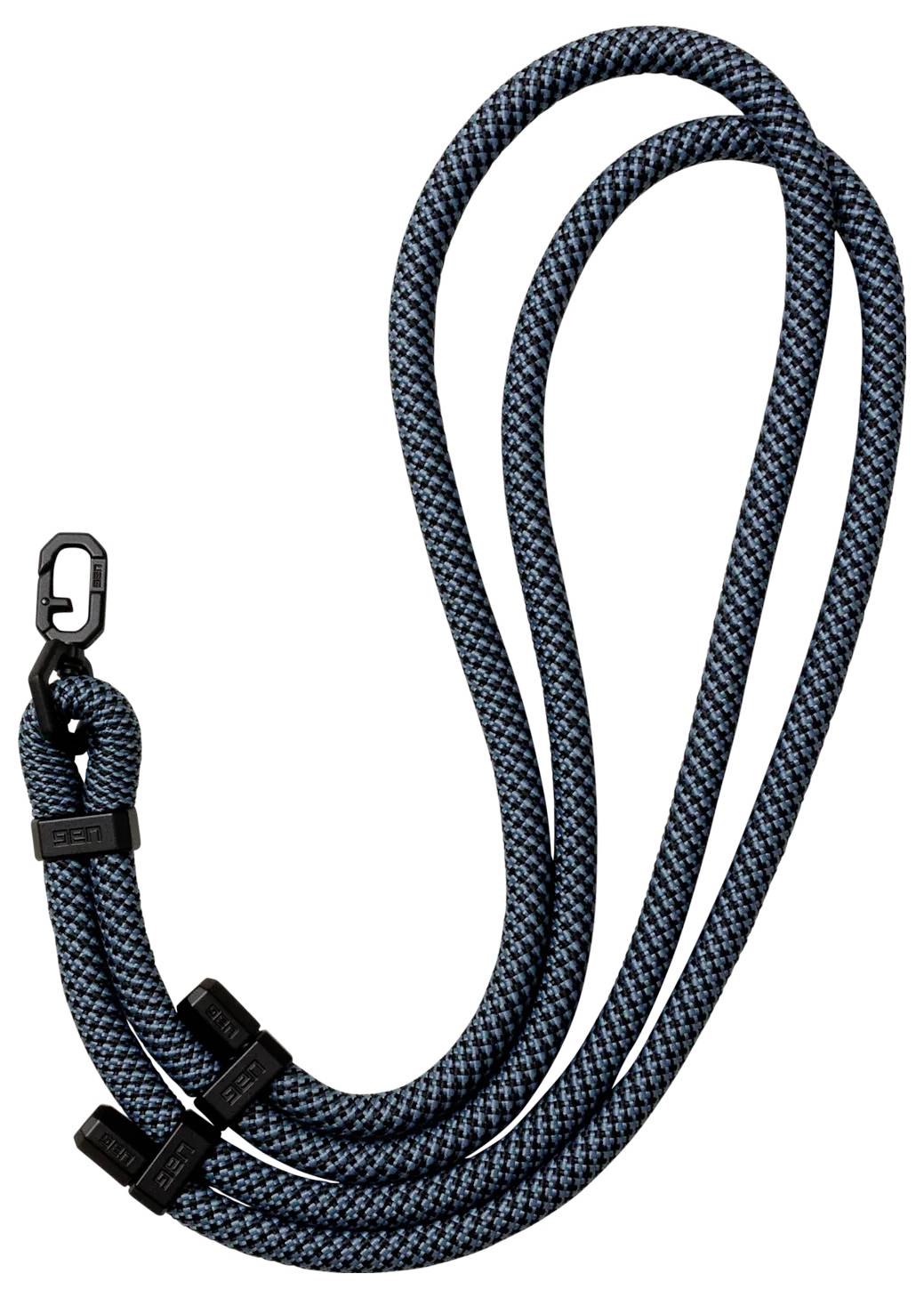 Eine blaue und schwarze geflochtene Schnur mit einer Schnellverschluss-Klemme und verstellbaren Schiebern, die zum sicheren Befestigen oder Anbringen von Gegenständen verwendet wird.