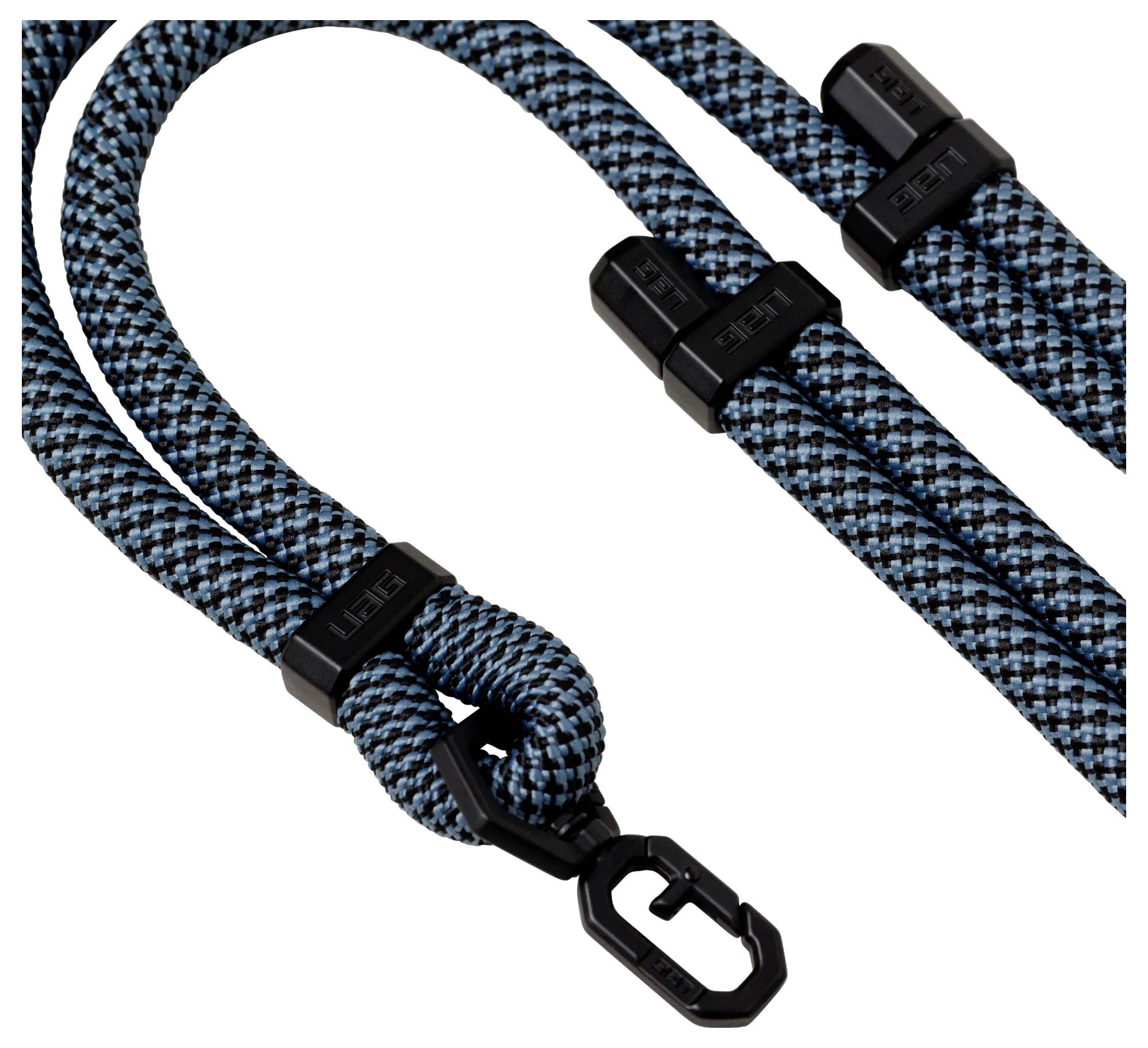 Eine blaue und schwarze Schnur mit einer Metallklemmvorrichtung, die zum Sichern oder Tragen von Gegenständen entwickelt wurde.