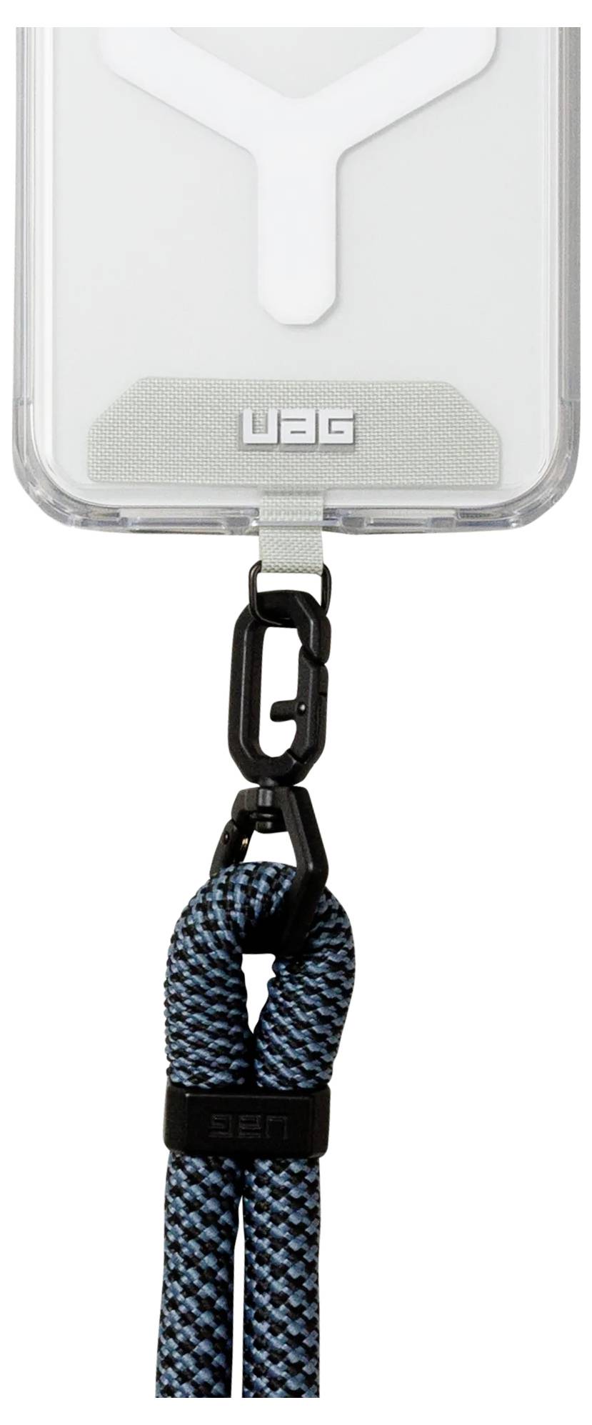 Eine Handyhülle, die an einem schwarz-blauen Trageband mit einem Clip zum einfachen Tragen befestigt ist.