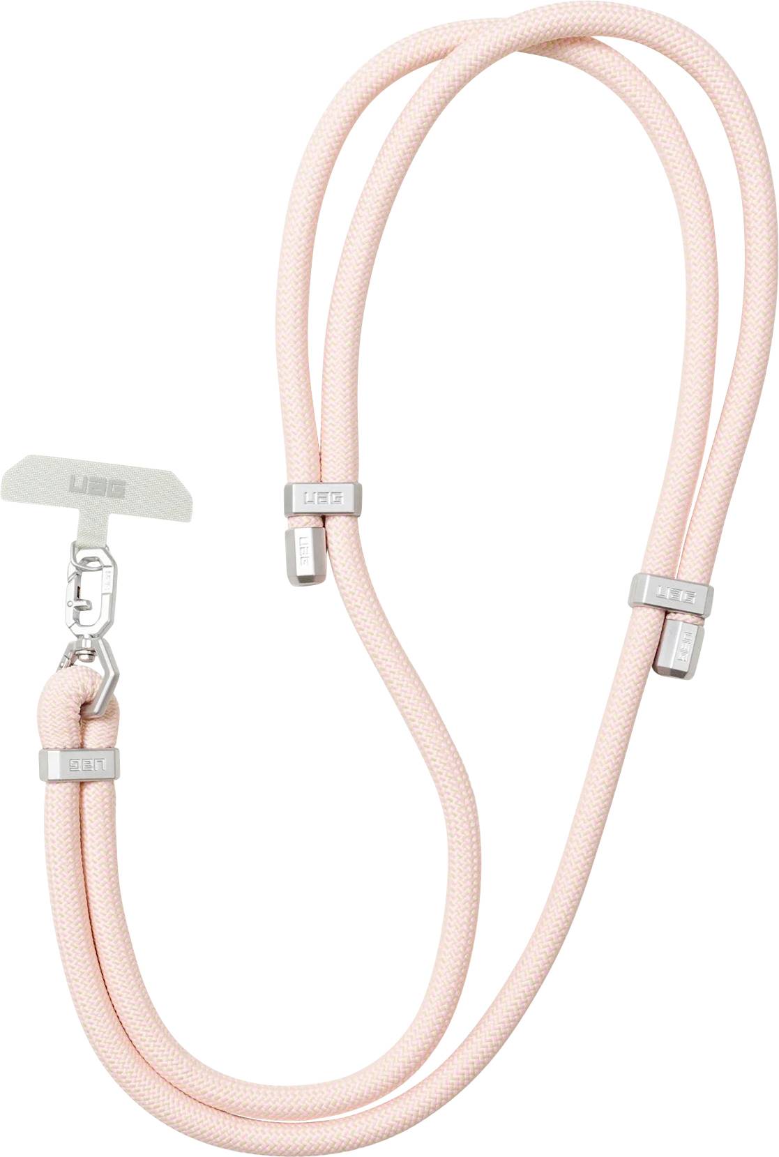 Ein rosa geflochtenes Riemenband mit silbernen Verschlüssen, das für den Anbau an Accessoires konzipiert ist.