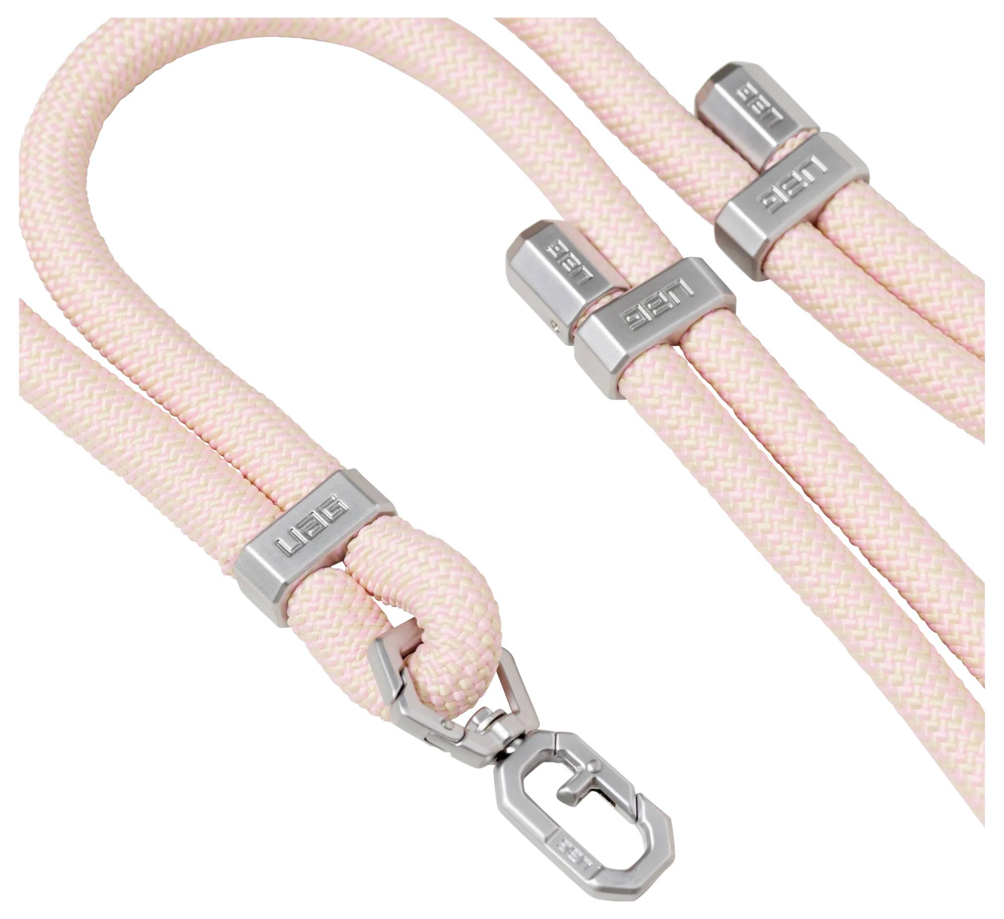 Rosa geflochtene Schnüre mit Metallverschlüssen und Haken, mit der Bezeichnung 'UGI', wahrscheinlich für das Befestigen oder Justieren entwickelt.