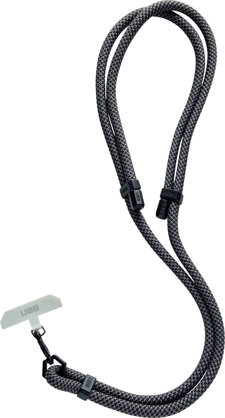Ein grau-schwarzer geflochtener Riemen mit verstellbaren Schlaufen und einem sicheren Verschluss am Ende, der zum Befestigen von Gegenständen wie Kameras oder Handys verwendet wird.