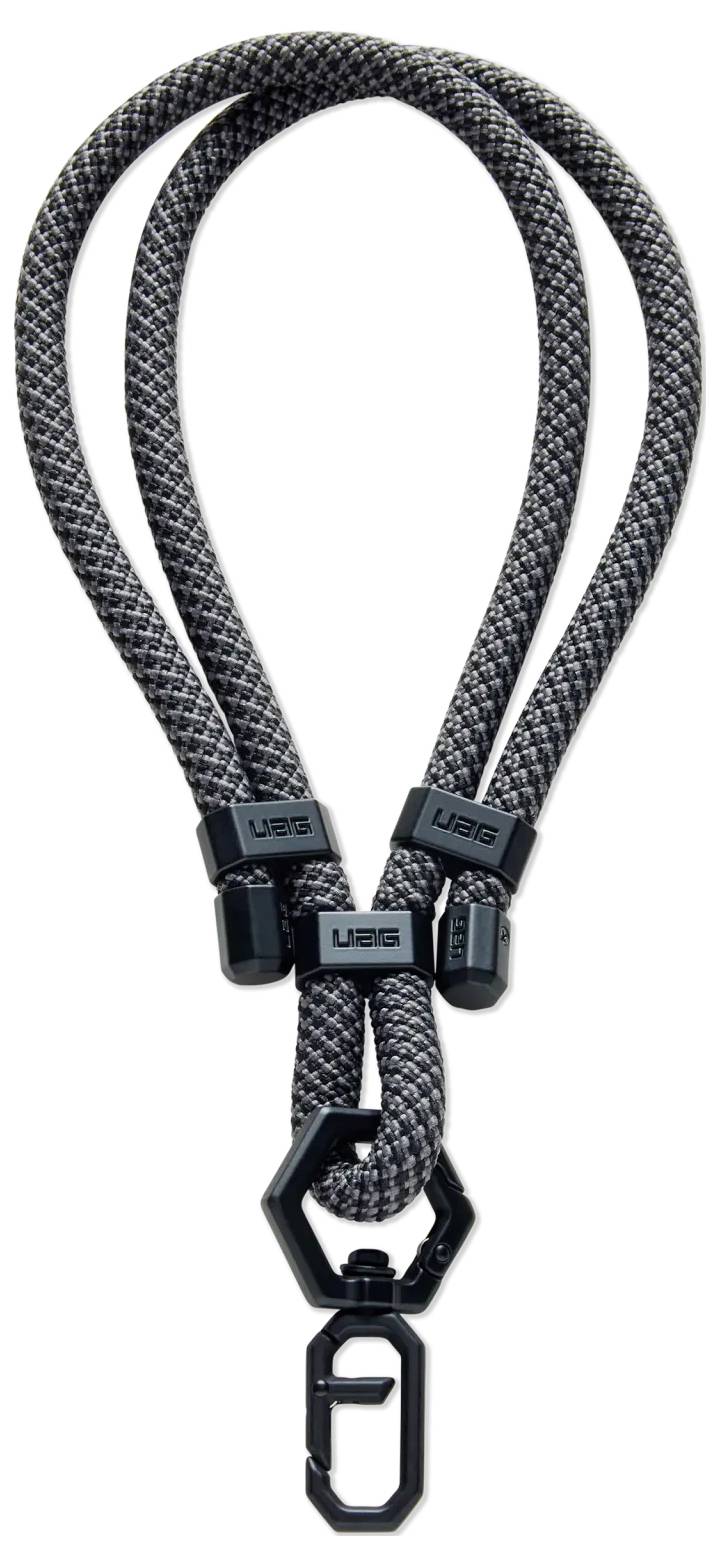 Eine robuste, geflochtene Schlüsselkette in Schwarz und Grau mit Kunststoffclips und einer Befestigungsöse, geeignet zum Tragen von Schlüsseln oder kleinen Gegenständen.