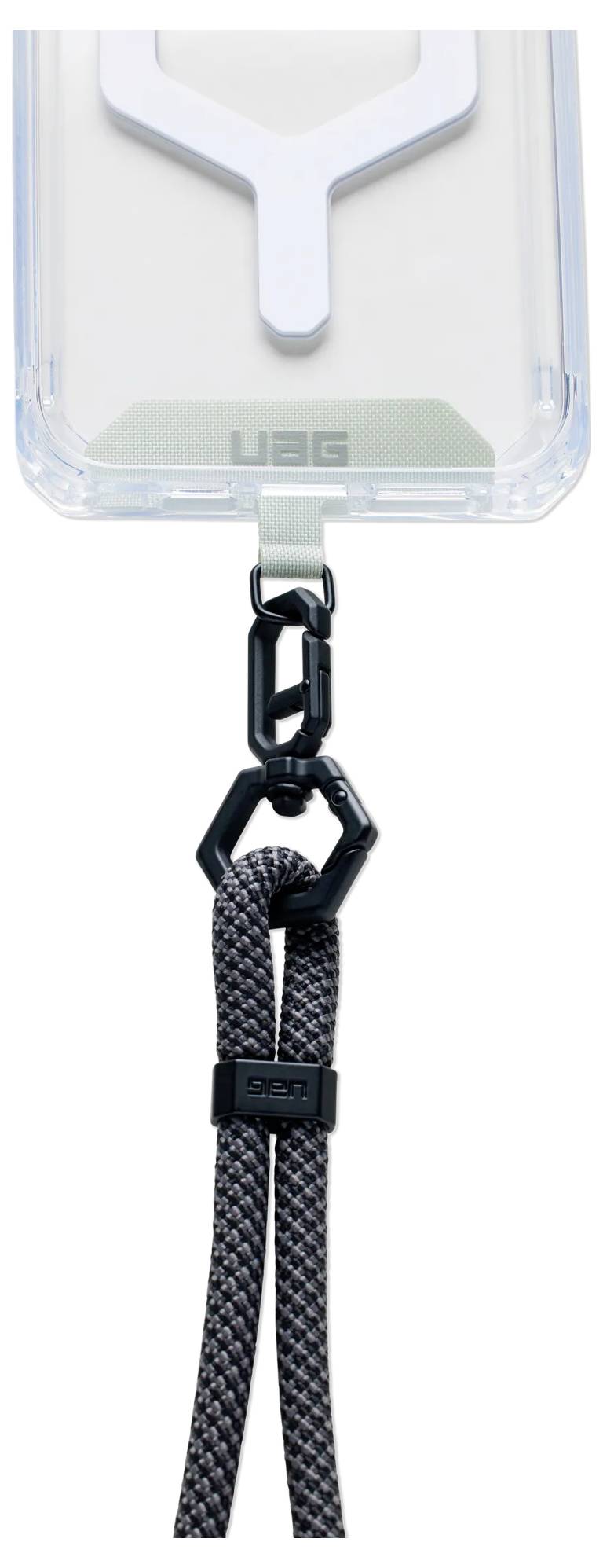 Eine transparente Handyhülle mit einem auffälligen Logo ist mit einem schwarzen Karabiner an einer grauen geflochtenen Trageband befestigt, entwickelt für bequemes Tragen.