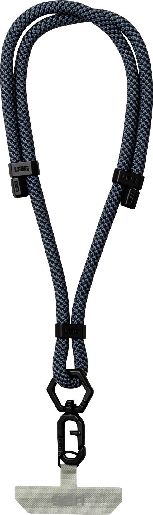 Eine blaue und schwarze Schlüsselband mit verstellbaren Klammern und einer Metallschwenkvorrichtung am unteren Ende, entwickelt zum Tragen von Ausweisen oder ähnlichen Gegenständen.