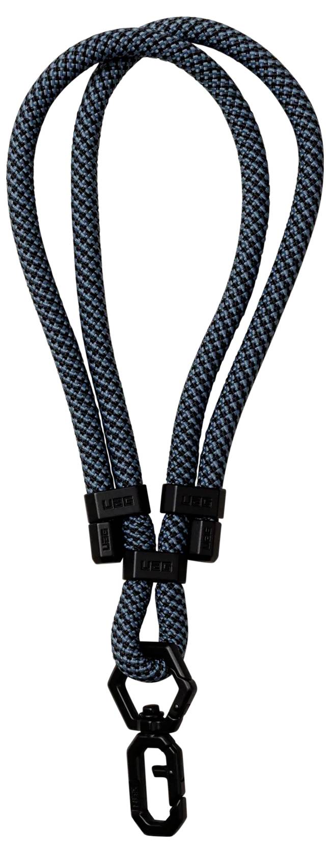 Eine blau und schwarz geflochtene Leine mit verstellbaren schwarzen Schnallen und einem Metallkarabiner am Ende.