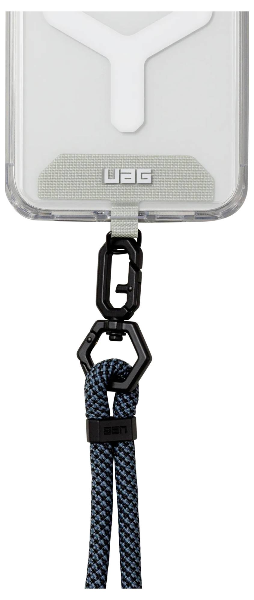 Ein Smartphone-Gehäuse mit einem schwarzen und blauen Lanyard, das über einen Karabinerhaken befestigt ist, mit der Markenaufschrift 'UAG' auf der Rückseite, vor einem weißen Hintergrund.