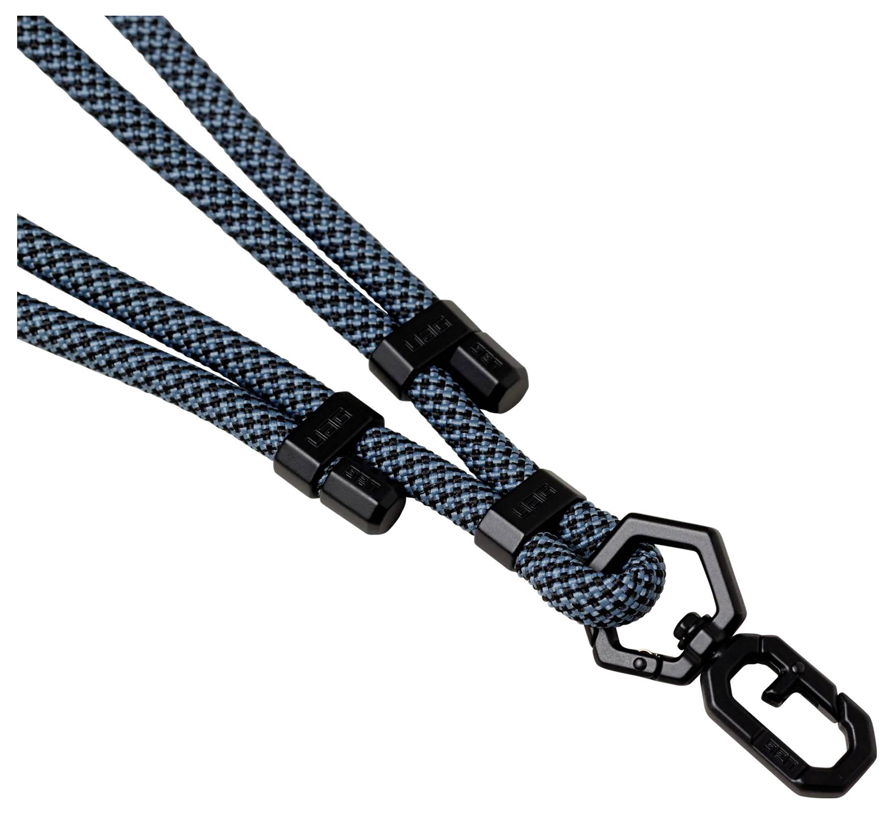 Eine Nahaufnahme eines geflochtenen blauen und schwarzen Laptop-Kabelsicherungsseils mit einem sechseckigen, schwarzen Metallverriegelungsmechanismus am Ende.