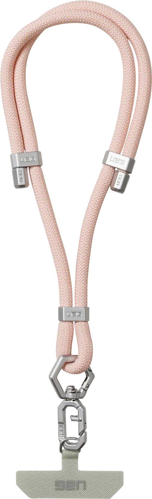 Eine rosa Schlüsselband mit silbernen Clips und einem Verschluss.