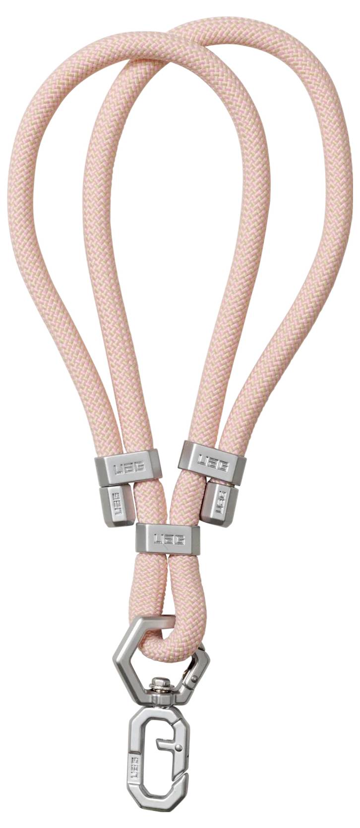 Eine rosa Kordel-Halskette mit Metallverschlüssen und einem silbernen Clip am unteren Ende, die zum sicheren Halten von kleinen Gegenständen oder Accessoires konzipiert ist.