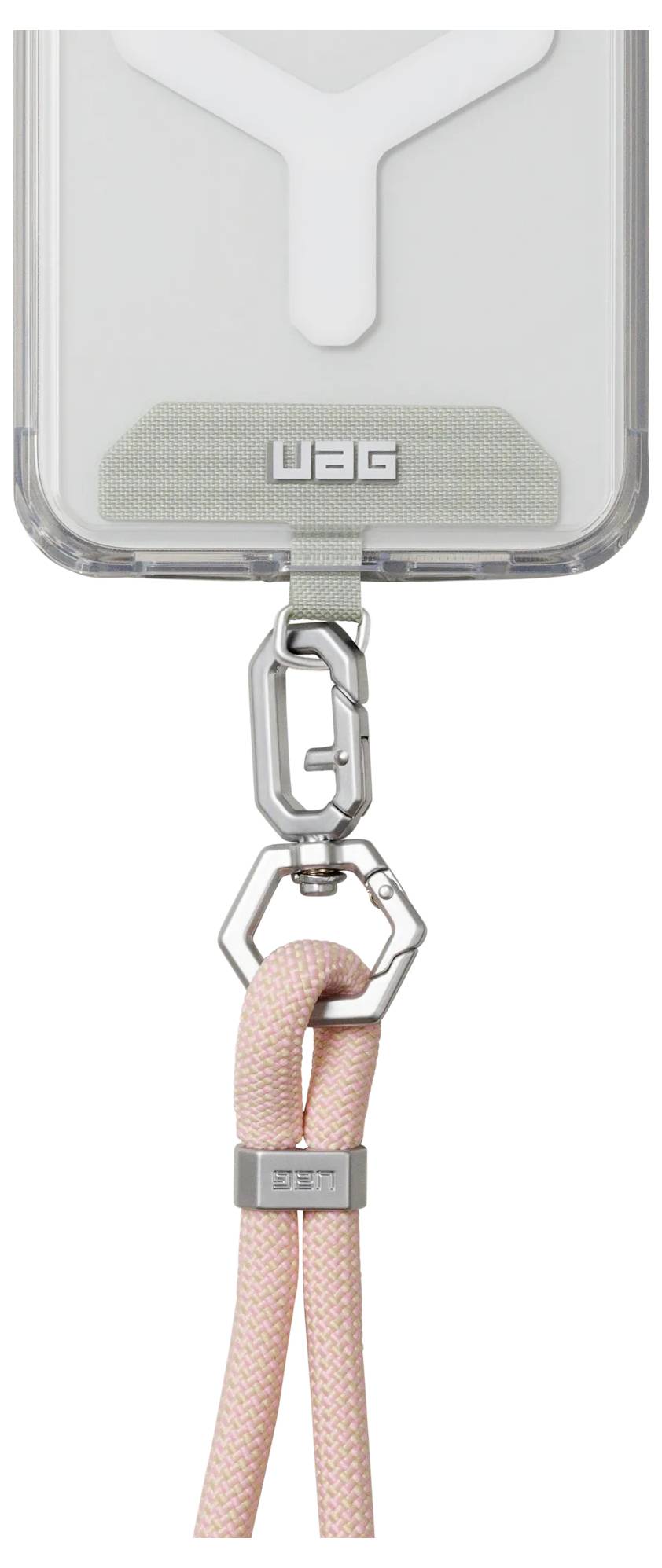 Eine durchsichtige Handyhülle mit einer Metallklammer, die an einem rosa Schlüsselband befestigt ist, von hinten gezeigt.