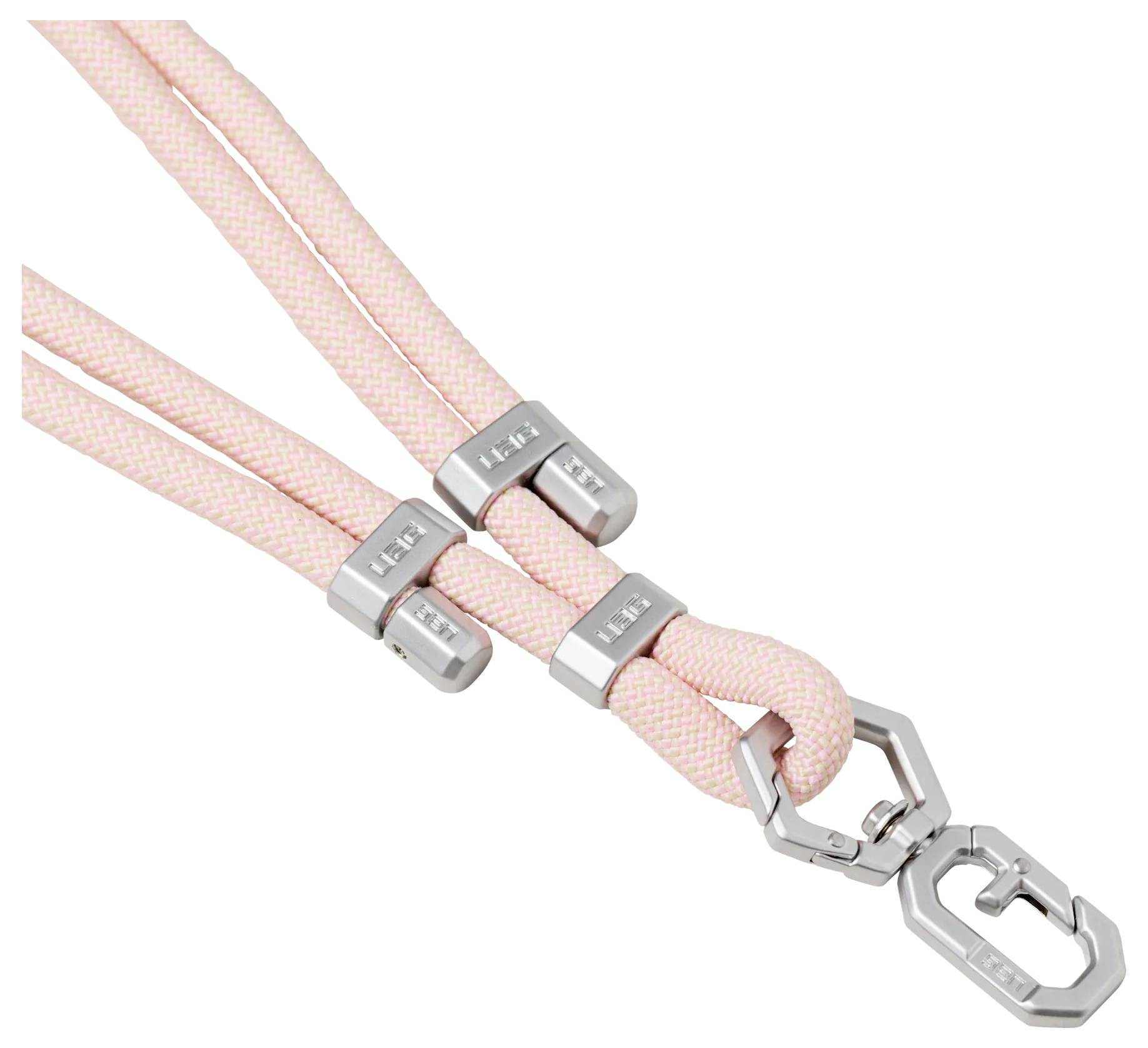 Eine Nahaufnahme eines rosa geflochtenen Schlüsselbandes mit drei silbernen Verbindern, auf denen 