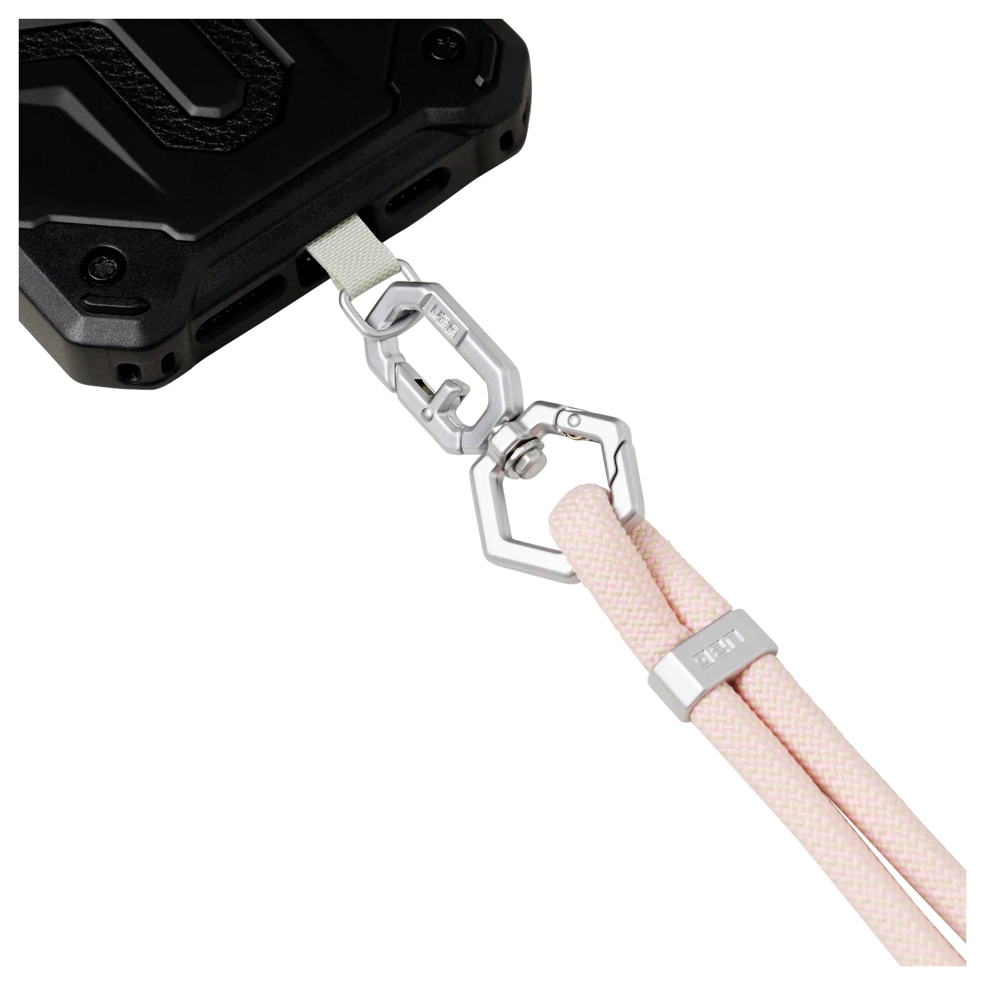 Ein Handyhülle, die an einem rosa Schlüsselband mit einer silbernen Klemme befestigt ist; das Schlüsselband bildet eine Schlaufe am Ende.