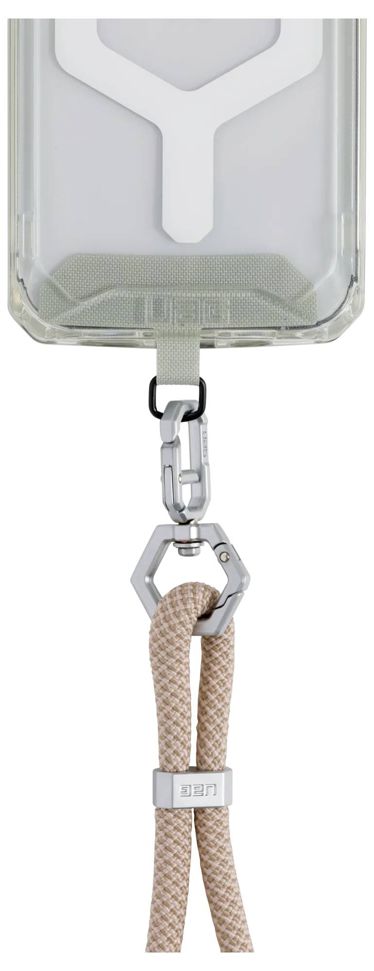 Eine robuste Handyhülle mit einem sicheren Befestigungspunkt für eine beige geflochtene Seil-Trageband, ausgestattet mit einem Metallclip und UAG-Branding.
