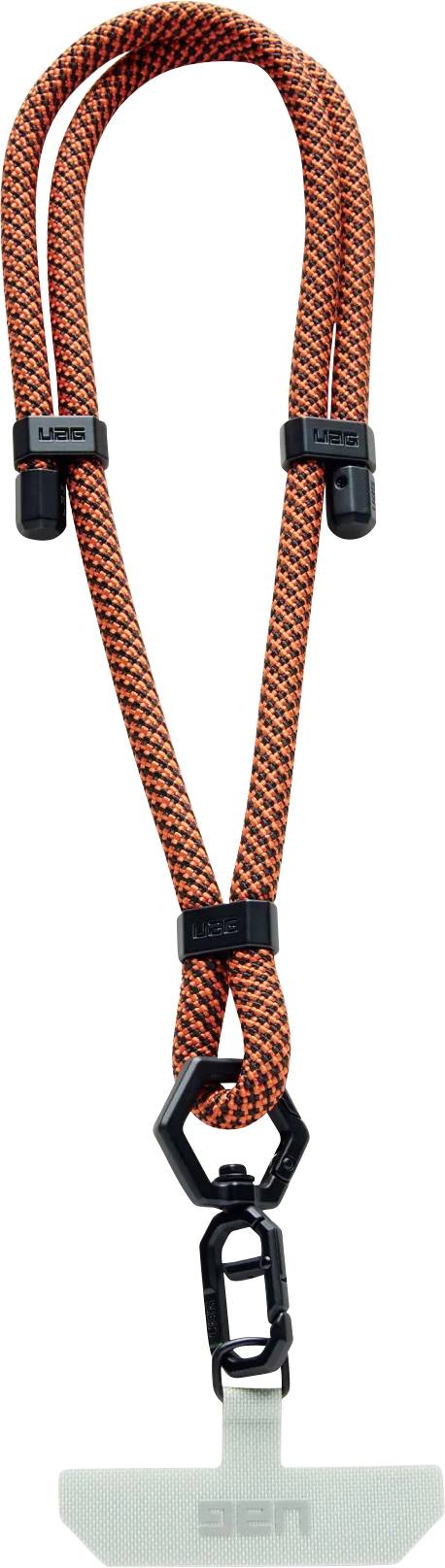 Orange und schwarze Sicherheitsleine mit sicheren Karabinern und einem Wirbelhaken am unteren Ende, konzipiert für Klettern oder industrielle Anwendungen.