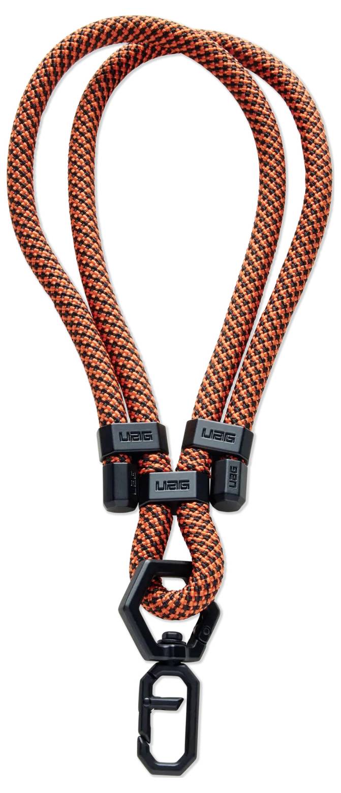 Eine orange und schwarze geflochtene Hundeleine mit Metallkarabinern und einem Drehverschluss, die für sicheres und flexibles Gassigehen entwickelt wurde.