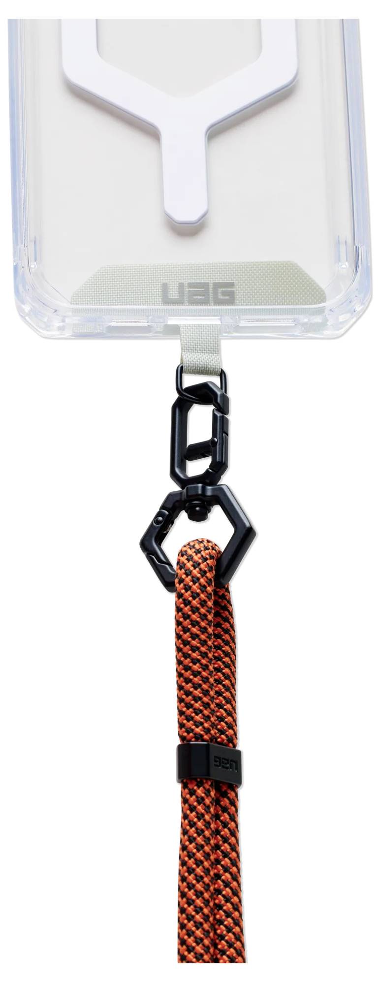 Eine Handyhülle mit transparenter Rückseite und schützendem Stoßrand ist über einen schwarzen Verbindungsclip an einem orange-schwarzen geflochtenen Handgelenkband befestigt.