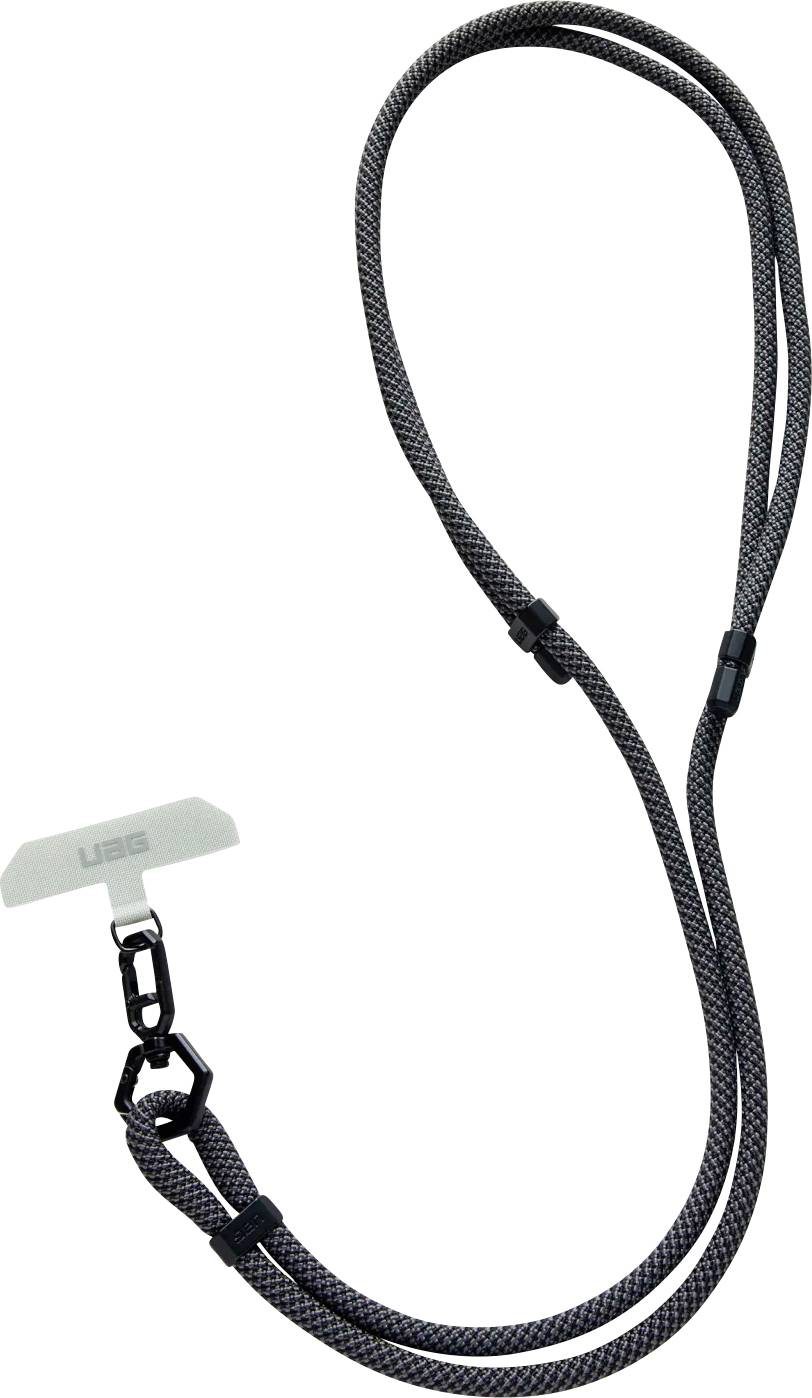 Eine schwarz-graue Trageband mit einem weißen Befestigungsstück und einem Clip am Ende, entwickelt zum Halten eines Geräts oder Ausweises.