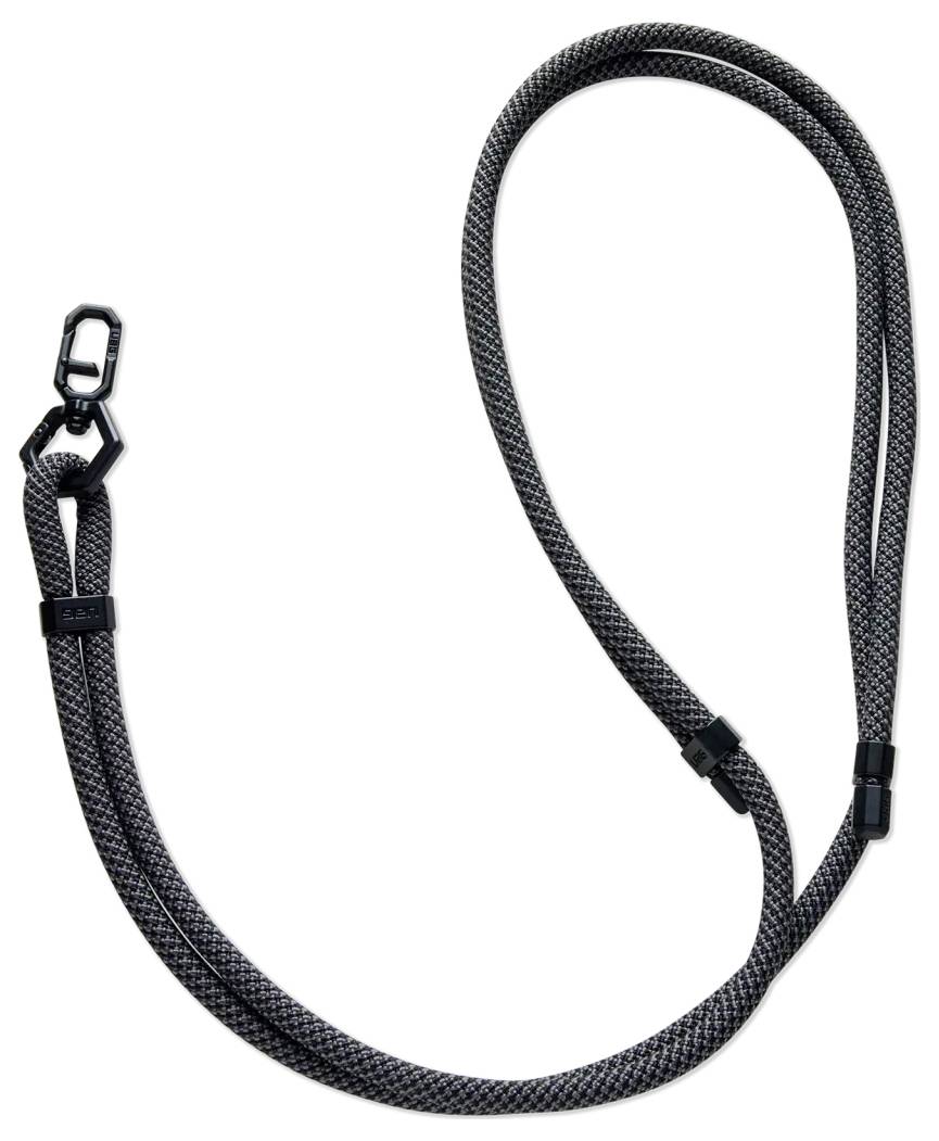 Eine schwarze, seilförmige Hundeleine mit einer Metallkarabinerhaken.