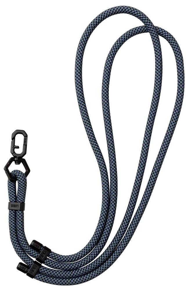 Eine blaue und schwarze geflochtene verstellbare Hundeleine mit einer schwarzen Metallkarabinerhaken, entwickelt zur Verwendung mit Haustieren.