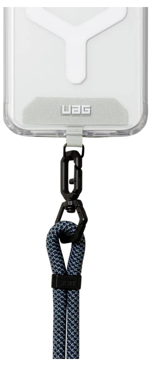 Eine Handyhülle mit weißer Rückseite und dem 'UAG'-Logo, befestigt an einem schwarzen Clip und einem blauen geflochtenen Trageband mit einer schwarzen Schnalle.