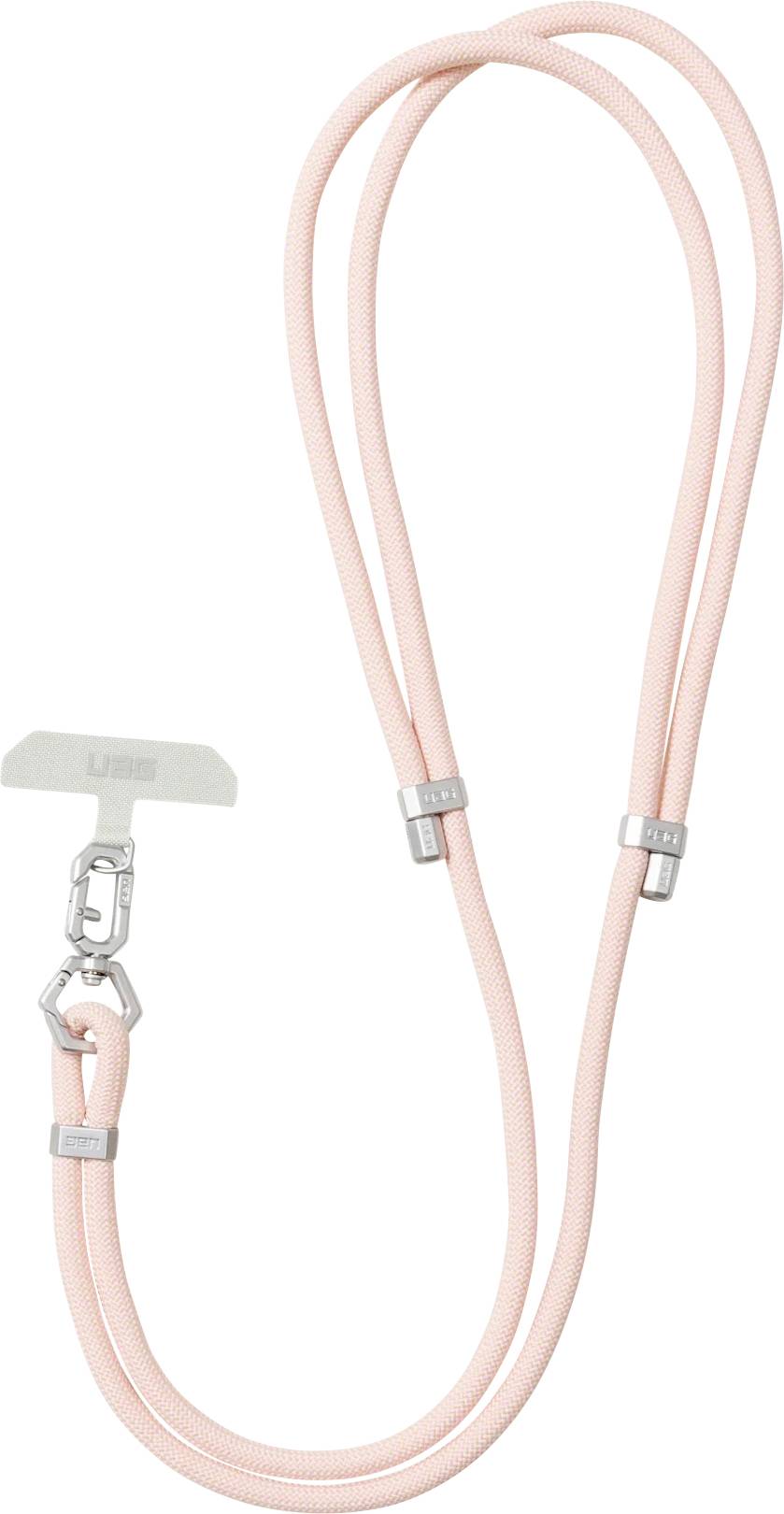 Eine rosa Schlüsselband mit Metallverschlüssen und einer Schlaufe am Ende, entwickelt zum sicheren Tragen von Schlüsseln oder Ausweisen.